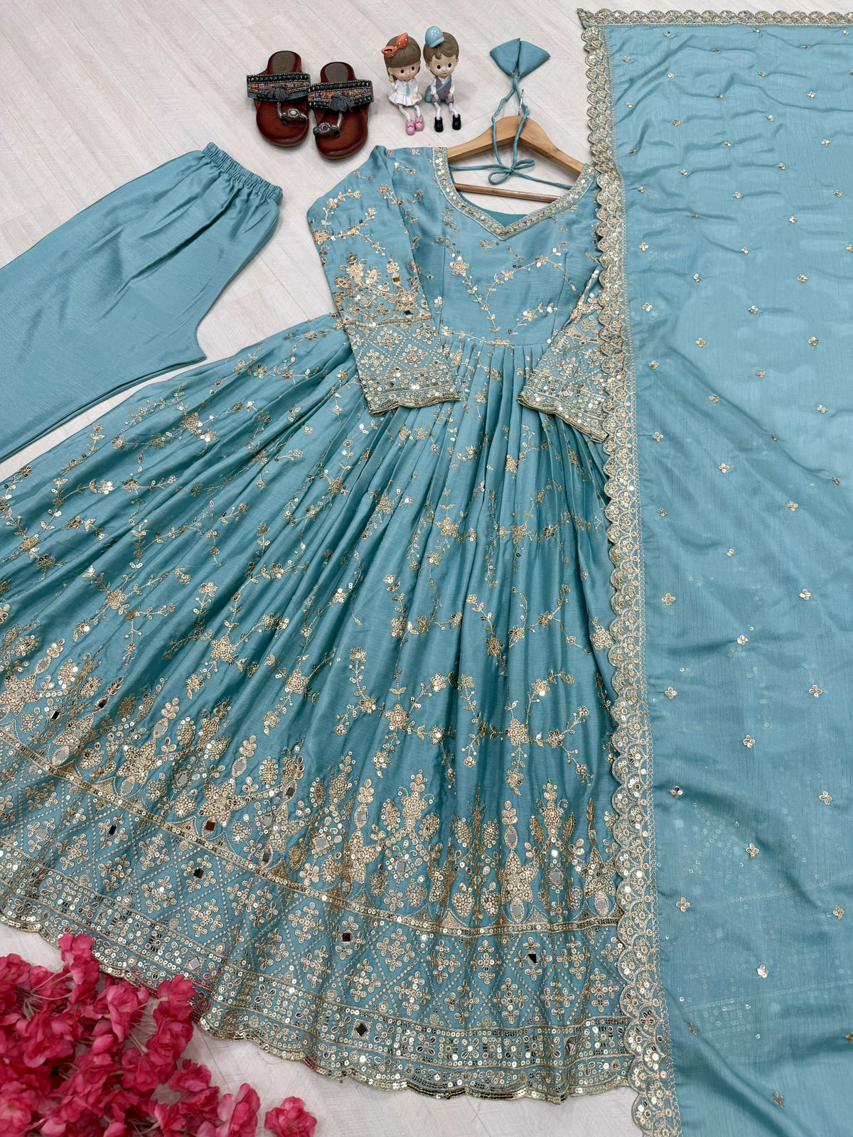 Sky Blue Chinon Anarkali Suit, view 3