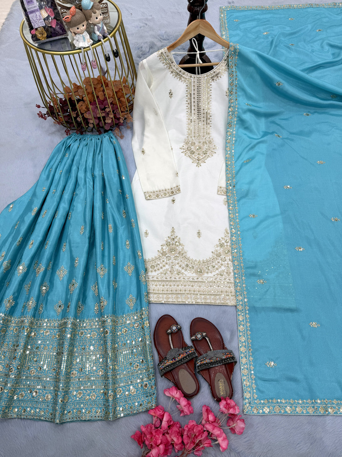 Off-White and Sky Blue Chinon Silk Sequin Kurta Palazzo Set