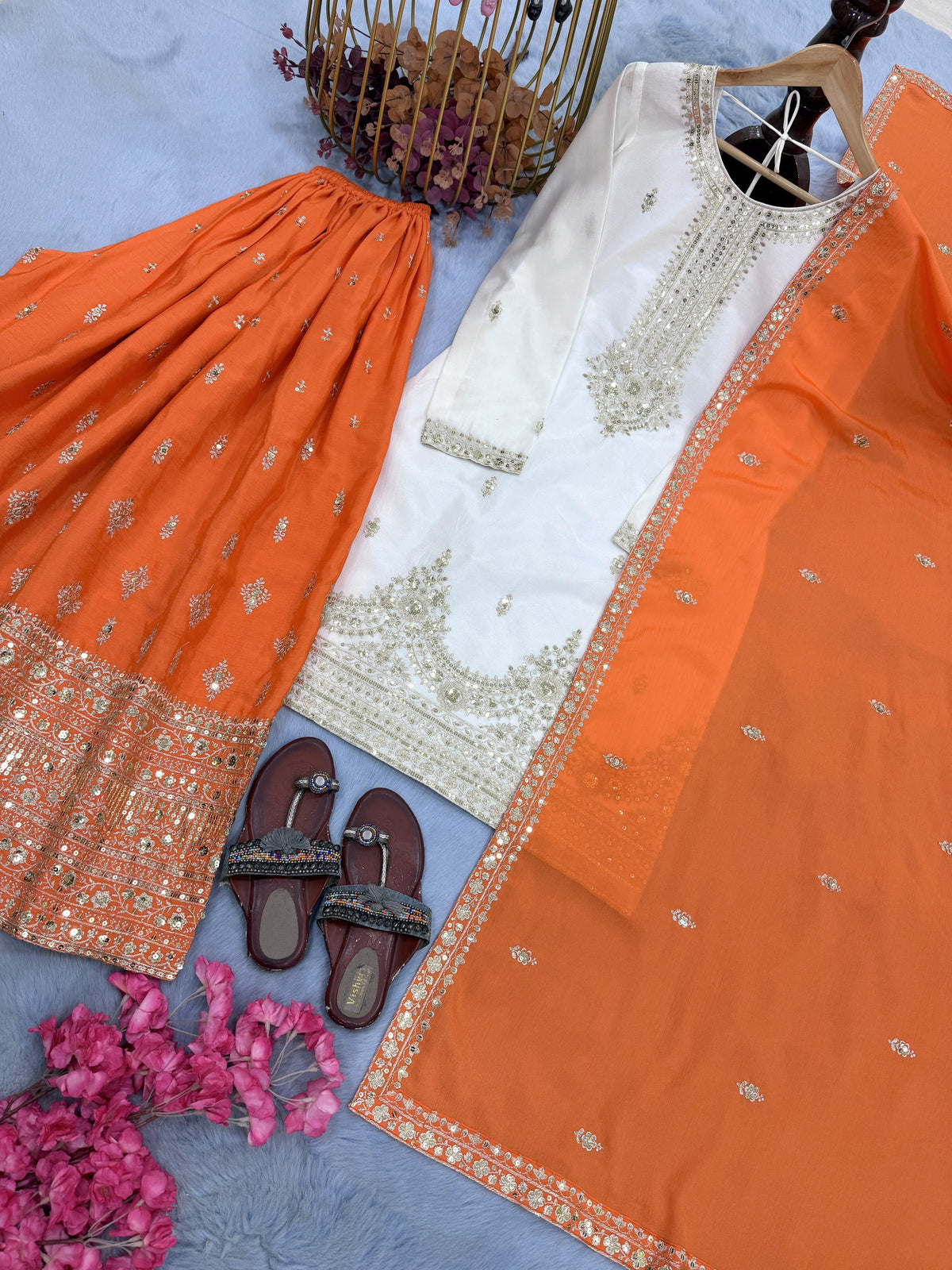 Off-White and Orange Chinon Silk Sequin Kurta Palazzo Set, view 2