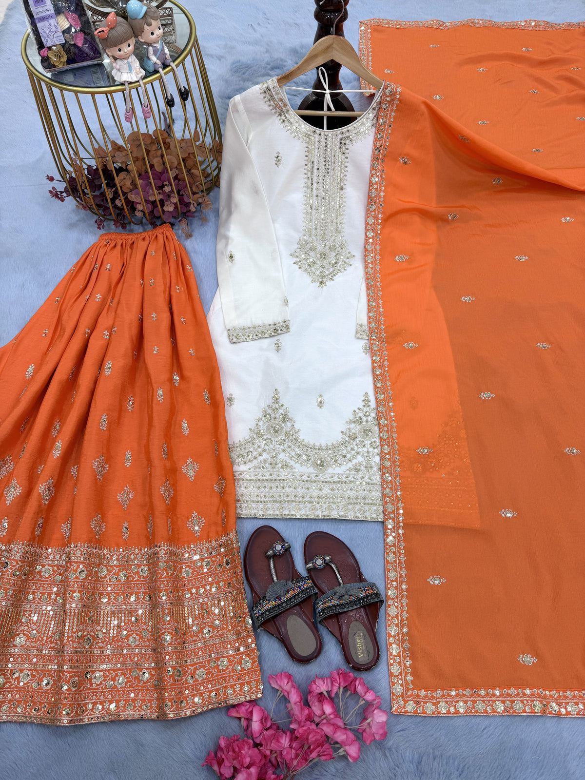 Off-White and Orange Chinon Silk Sequin Kurta Palazzo Set, view 3