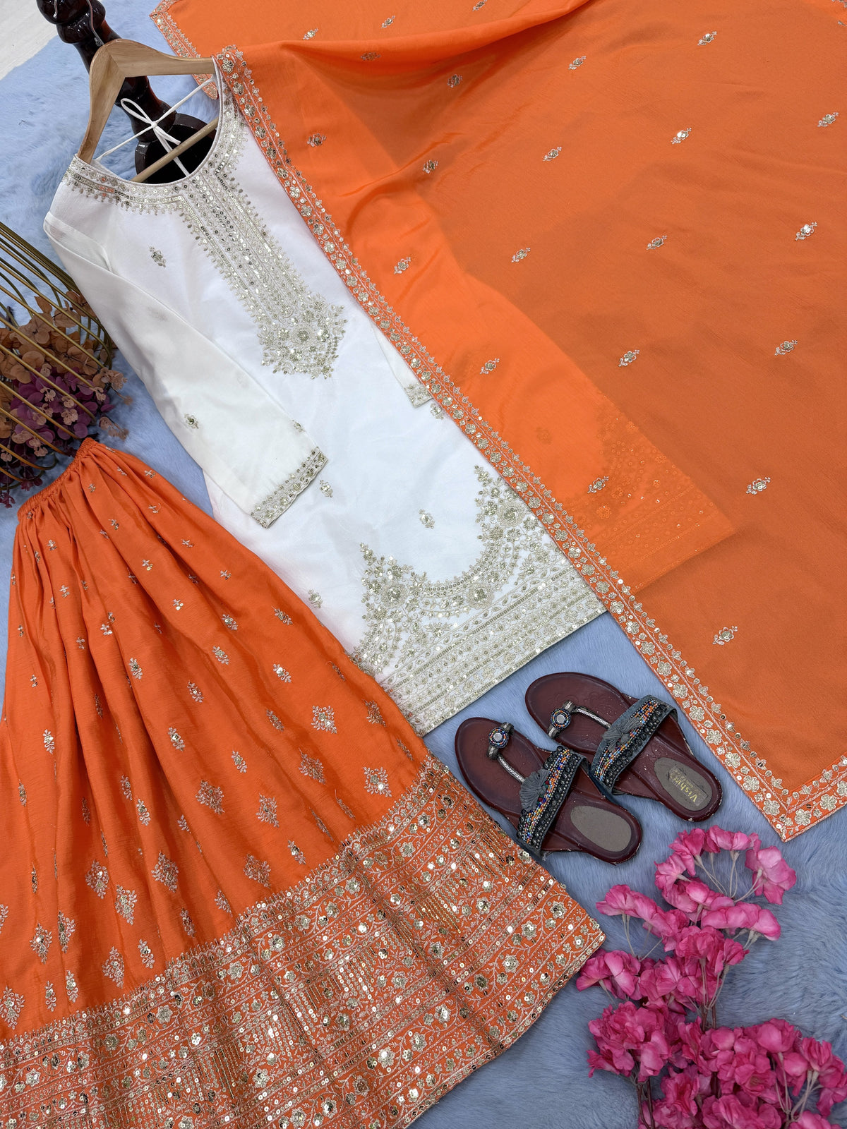 Off-White and Orange Chinon Silk Sequin Kurta Palazzo Set, view 4