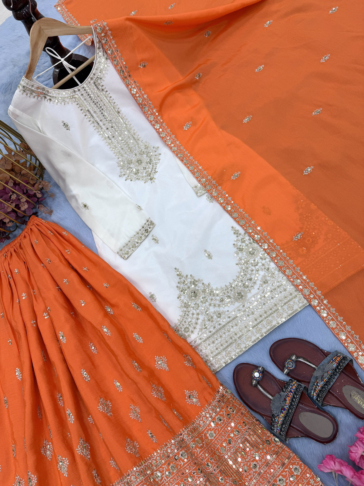 Off-White and Orange Chinon Silk Sequin Kurta Palazzo Set, view 5