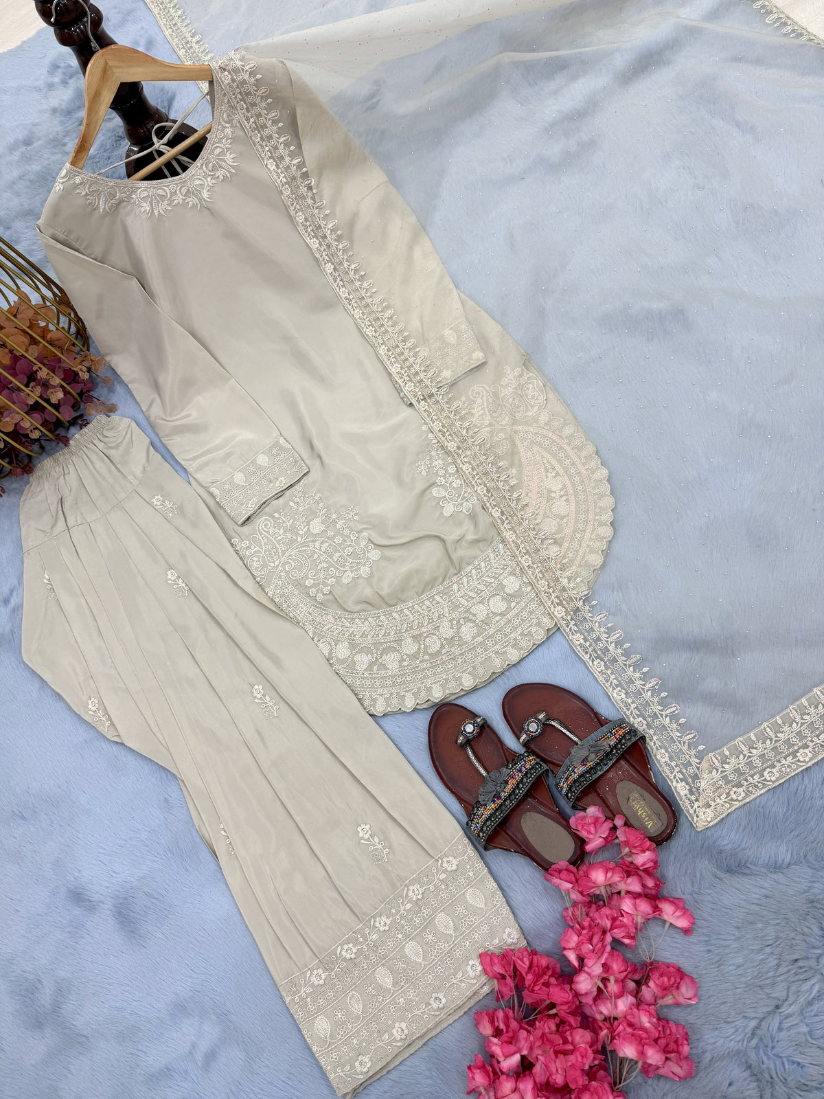 Ivory Crepe Kurta Farshi Palazzo Set, view 5