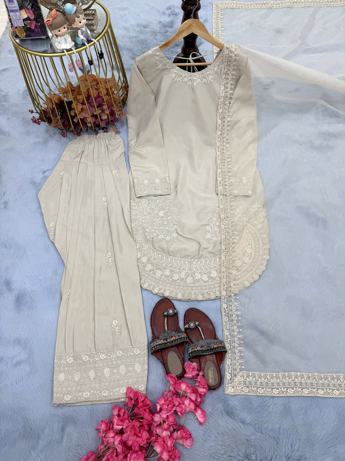 Ivory Crepe Kurta Farshi Palazzo Set, view 6