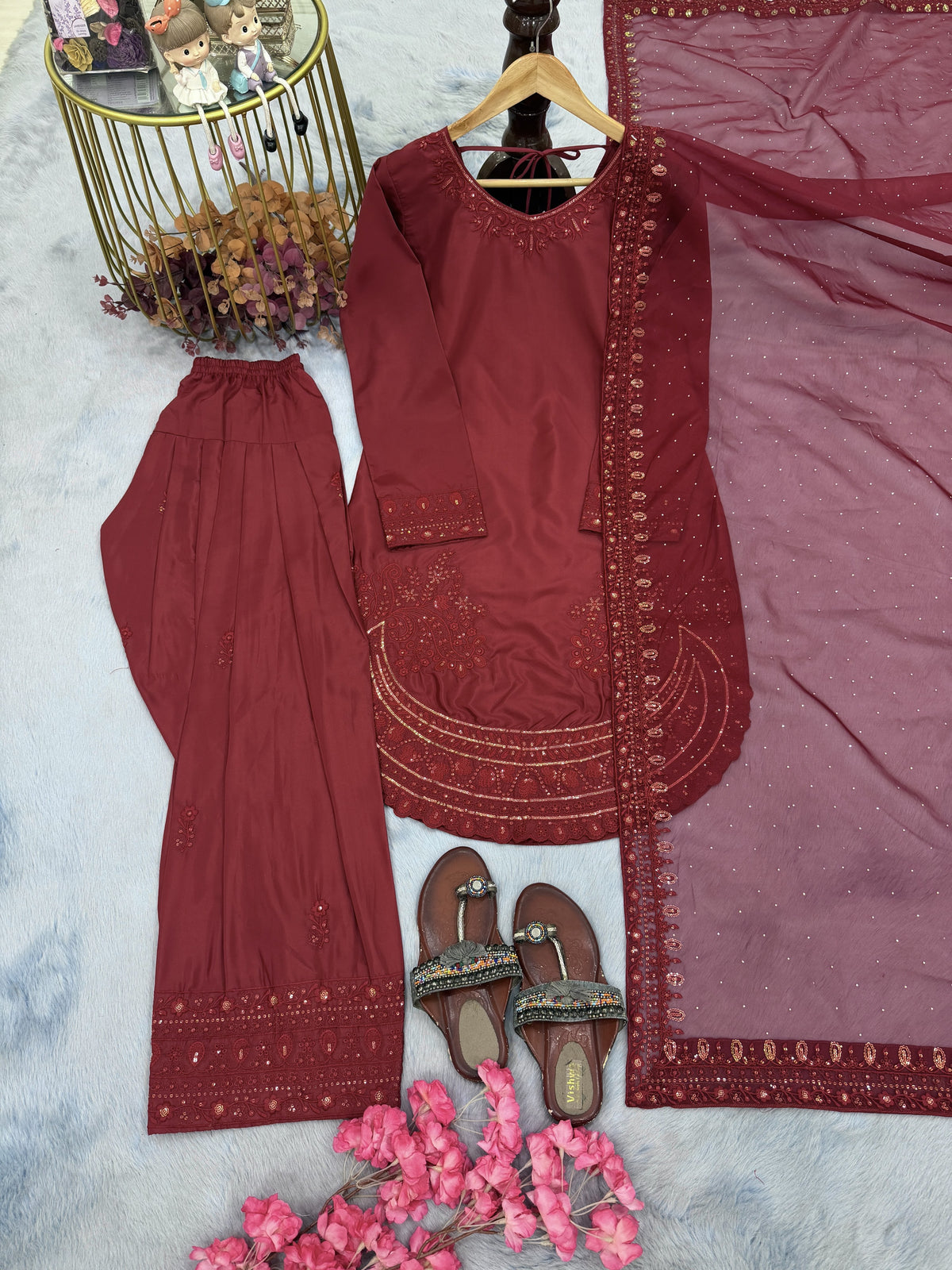 Maroon Crepe Kurta Farshi Palazzo Set, view 3