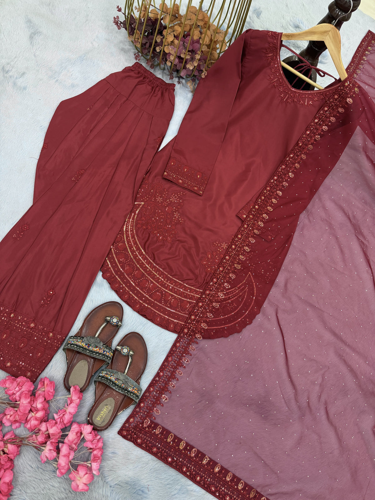 Maroon Crepe Kurta Farshi Palazzo Set, view 4