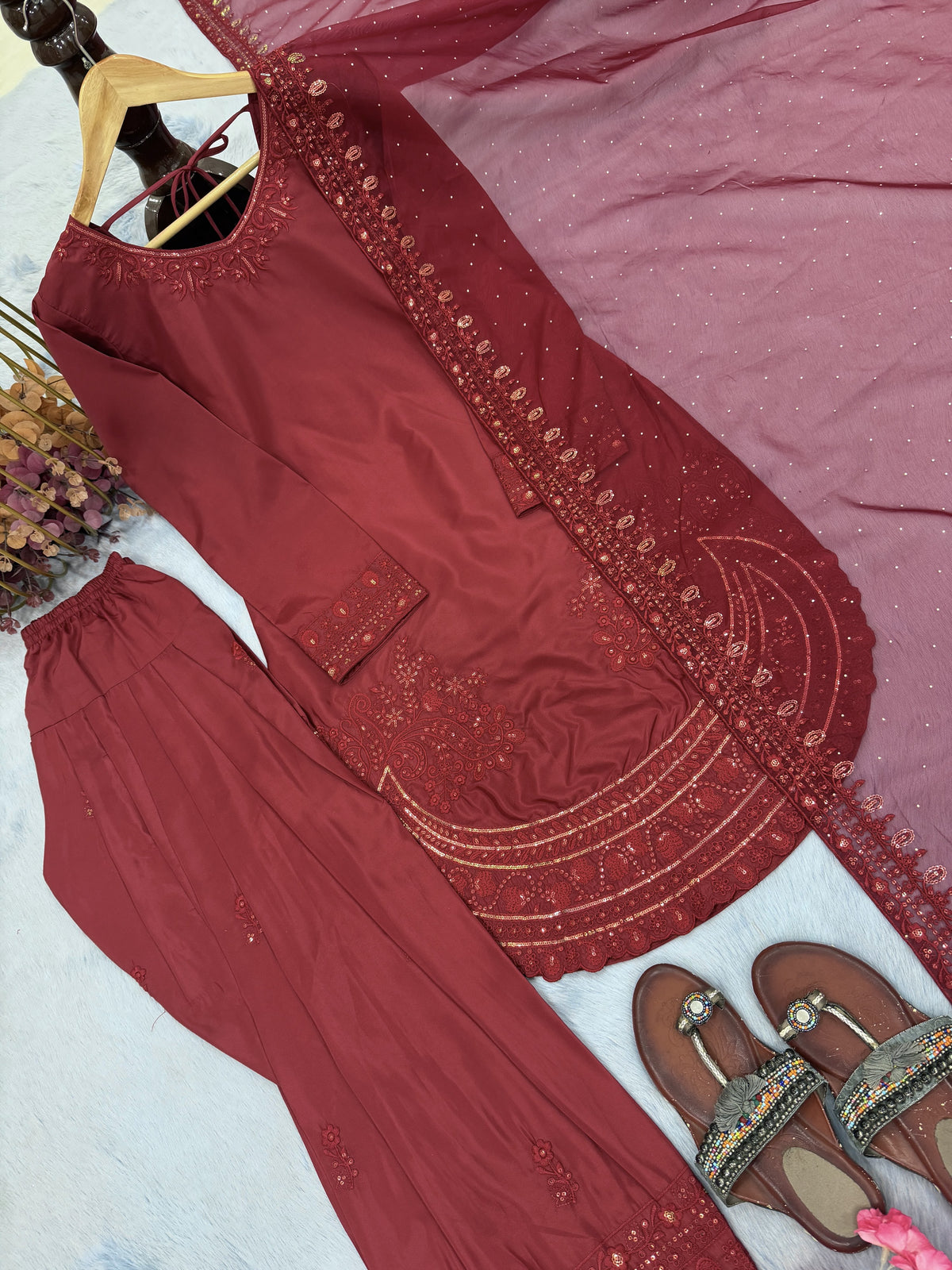 Maroon Crepe Kurta Farshi Palazzo Set, view 5