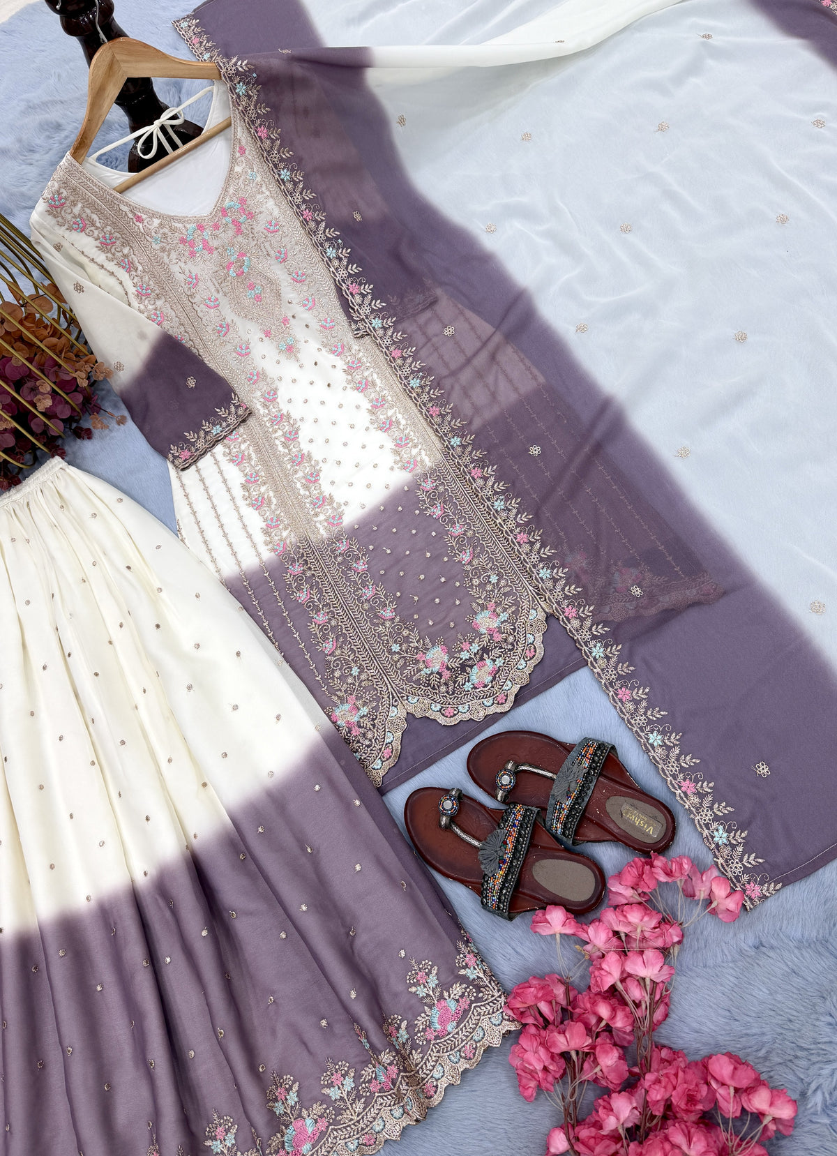 Off-White and Lavender Thread Work Georgette Palazzo Set, view 4