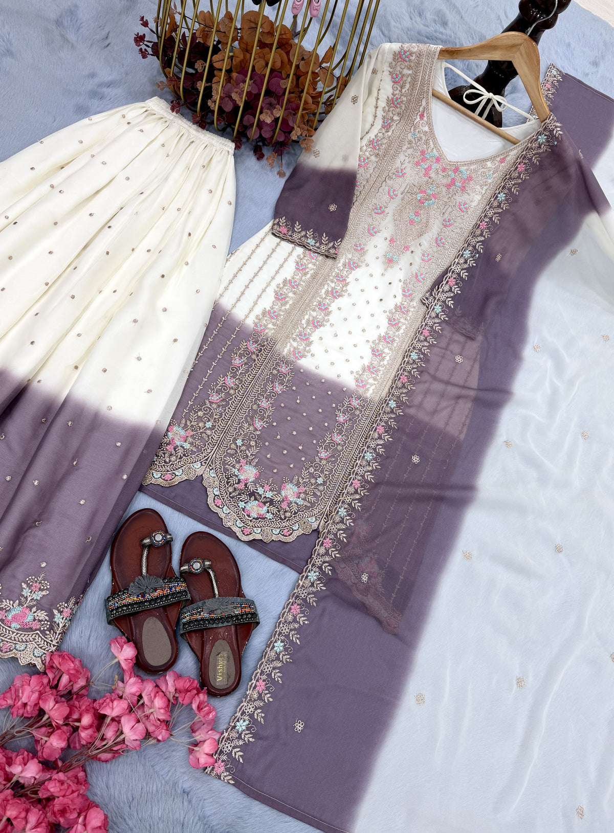 Off-White and Lavender Thread Work Georgette Palazzo Set, view 5