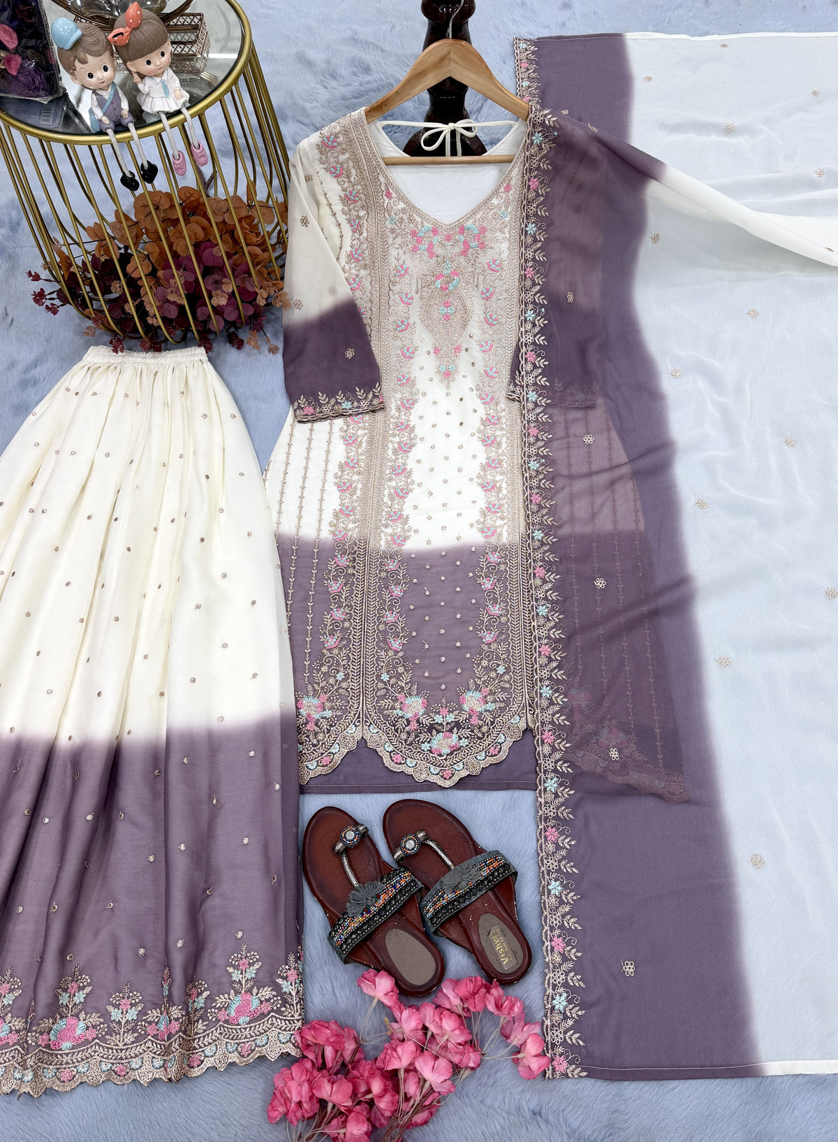 Off-White and Lavender Thread Work Georgette Palazzo Set, view 6