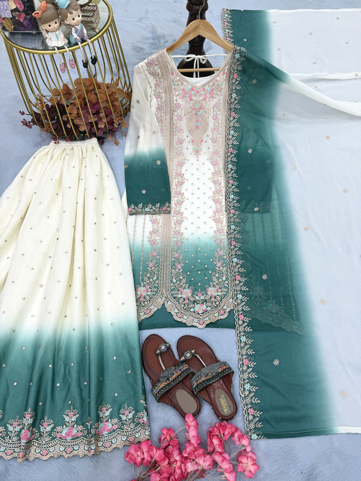 Off-White and Teal Thread Work Georgette Palazzo Set, view 3