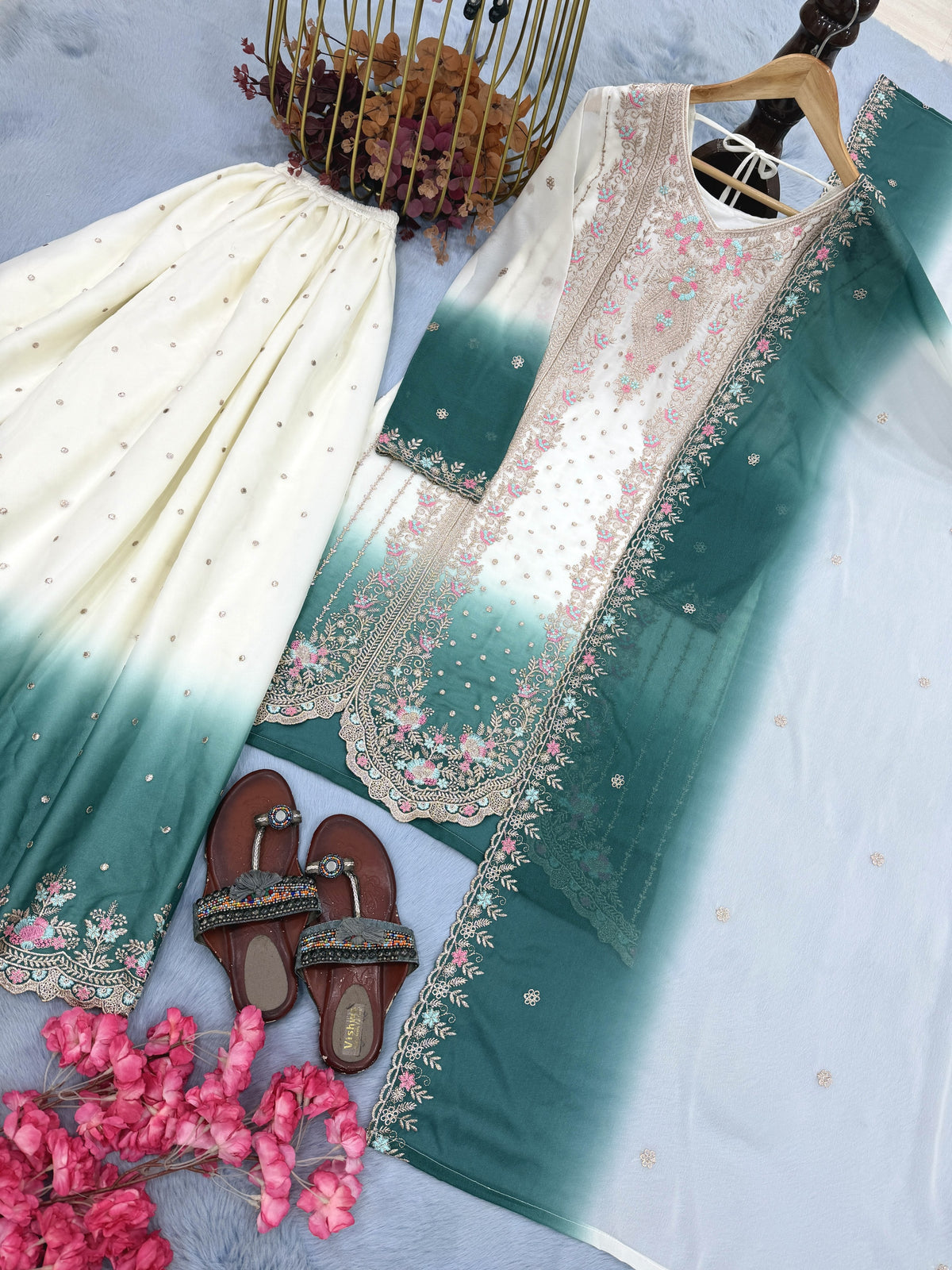 Off-White and Teal Thread Work Georgette Palazzo Set, view 4
