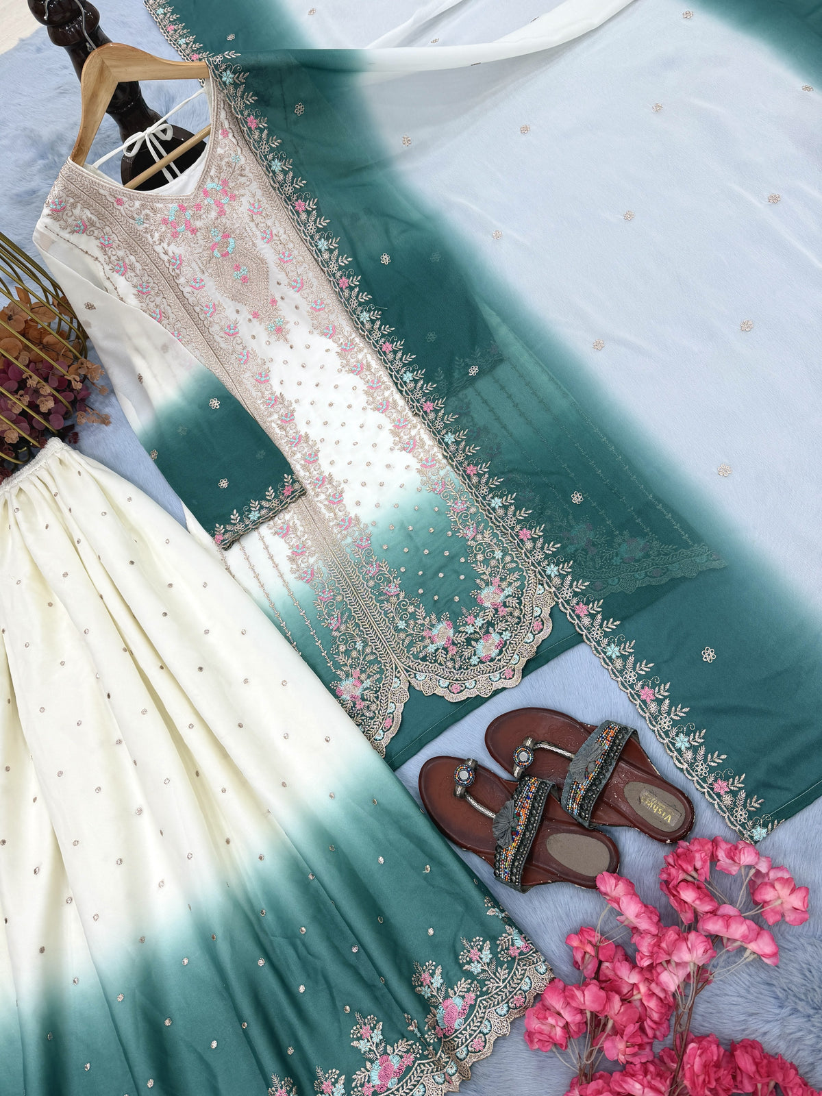 Off-White and Teal Thread Work Georgette Palazzo Set, view 5