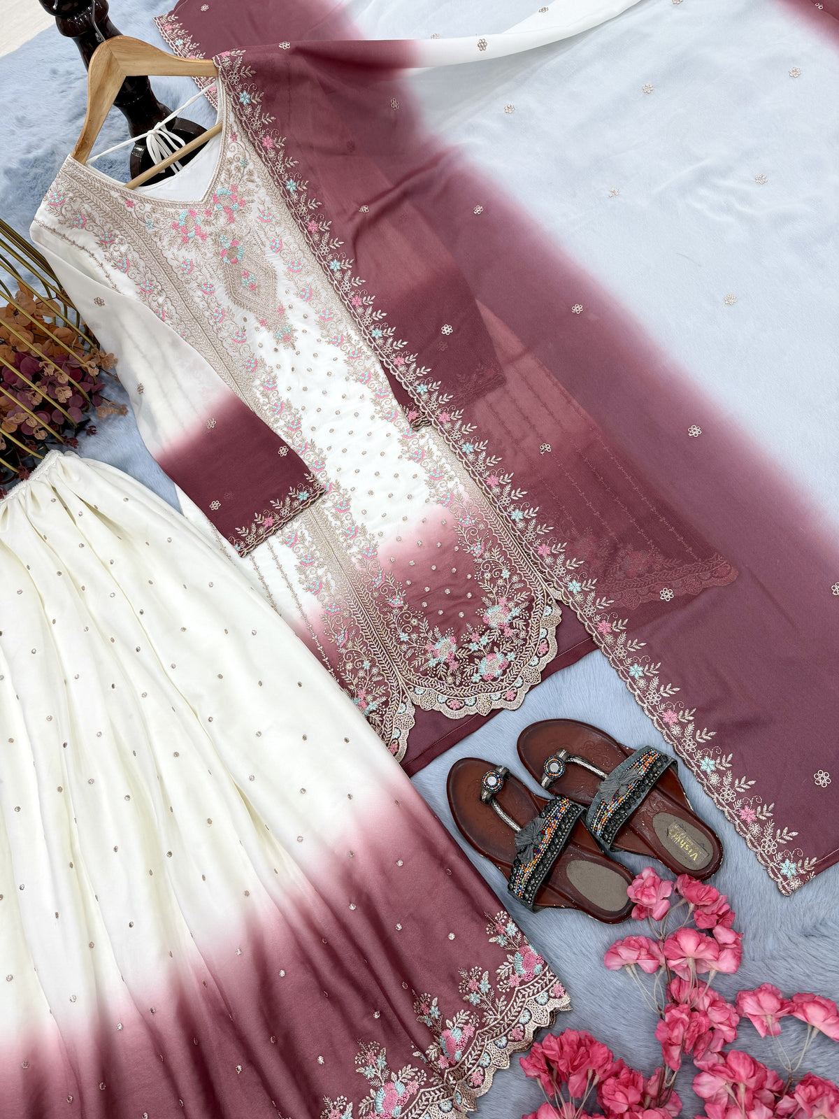 Off-White and Rose Pink Thread Work Georgette Palazzo Set, view 3