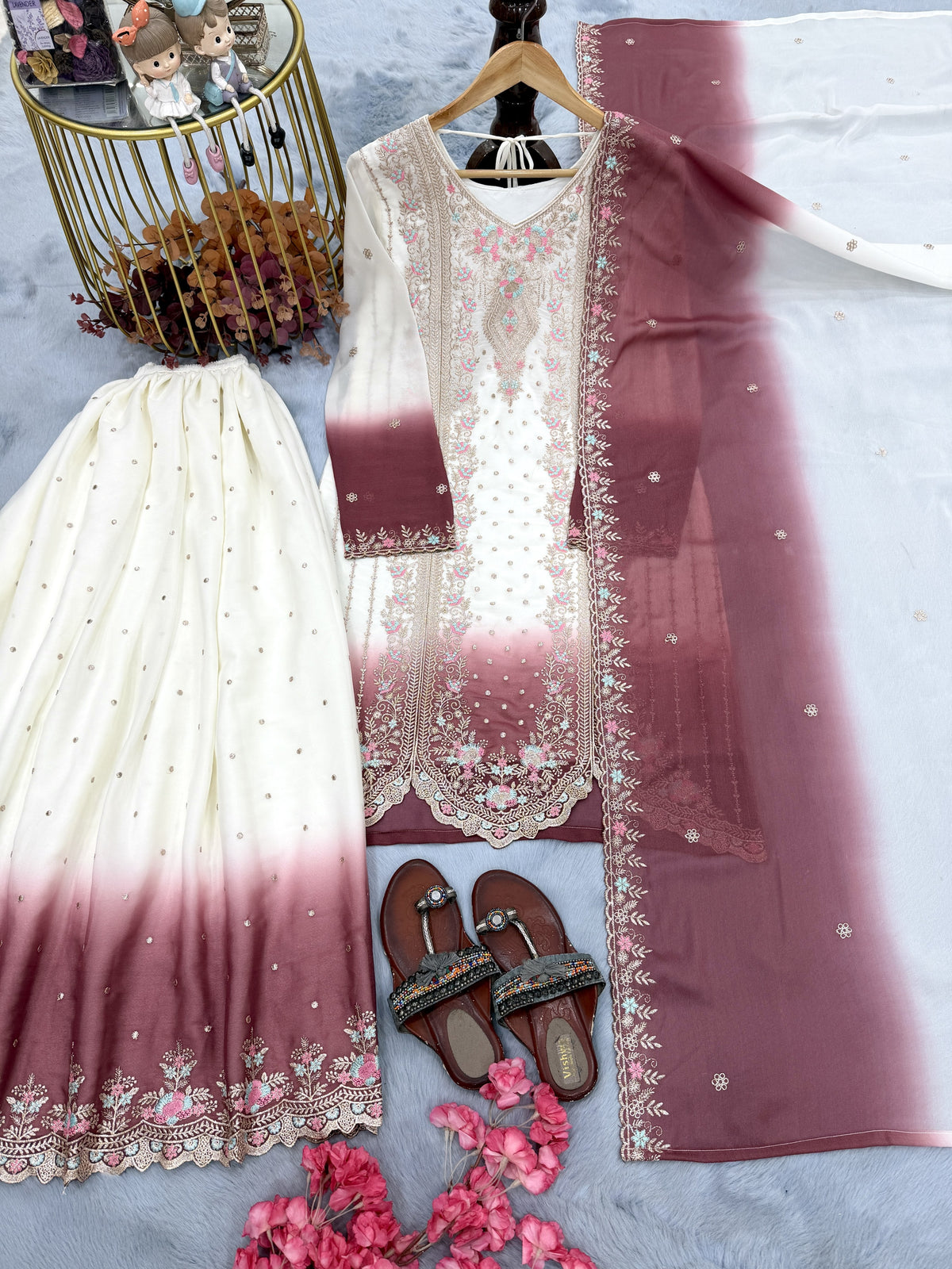 Off-White and Rose Pink Thread Work Georgette Palazzo Set, view 4