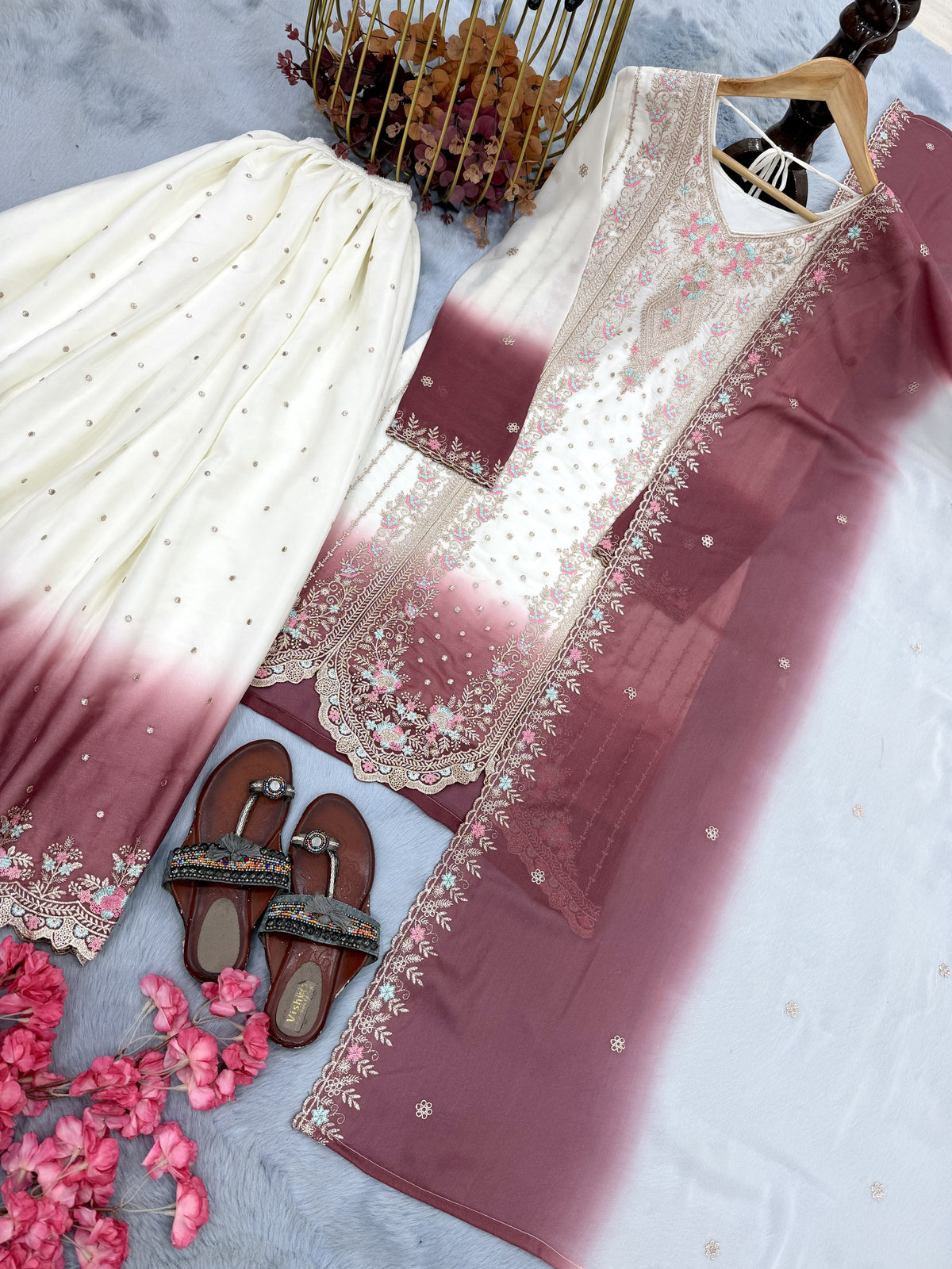Off-White and Rose Pink Thread Work Georgette Palazzo Set, view 5