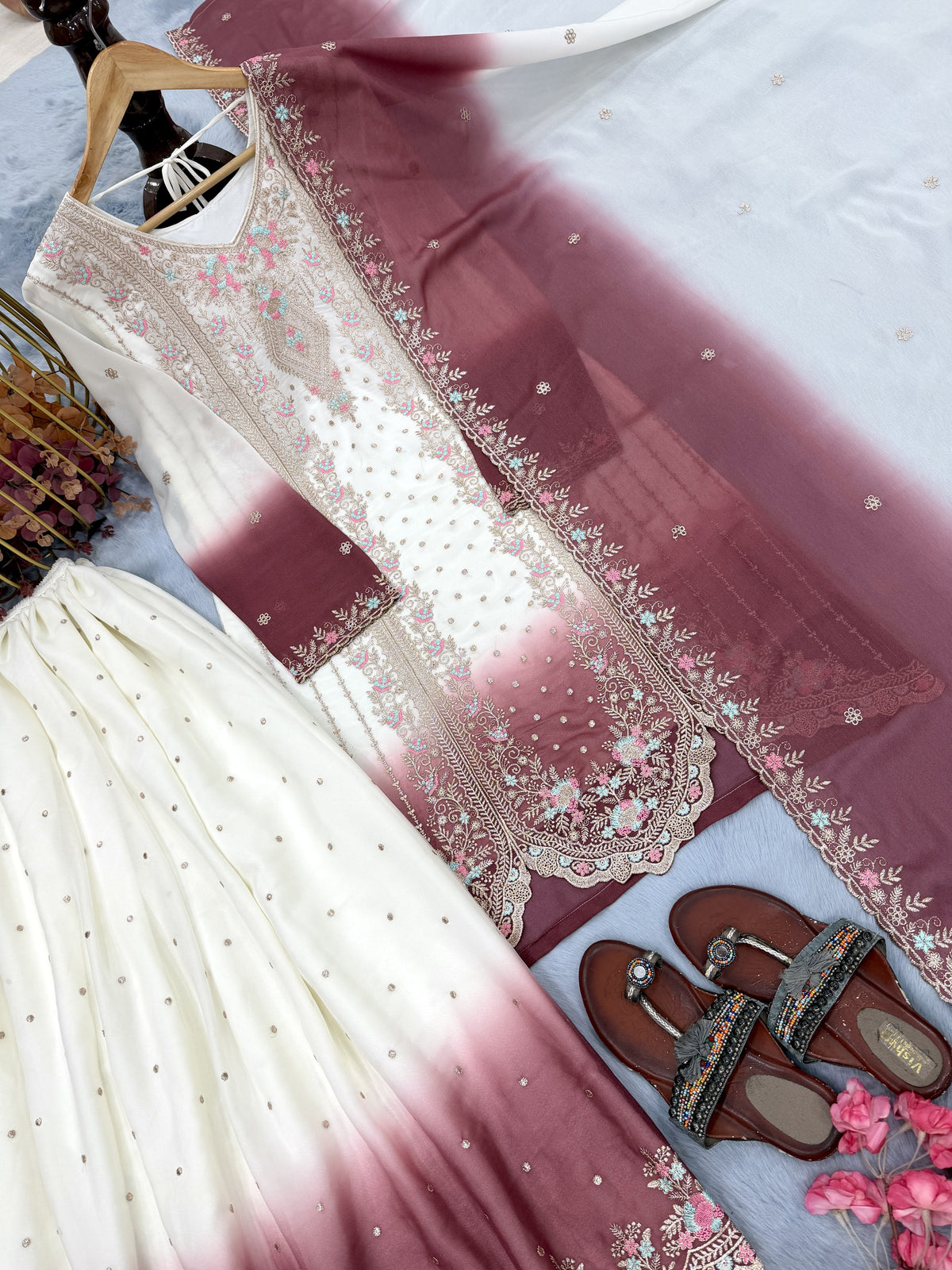 Off-White and Rose Pink Thread Work Georgette Palazzo Set, view 6