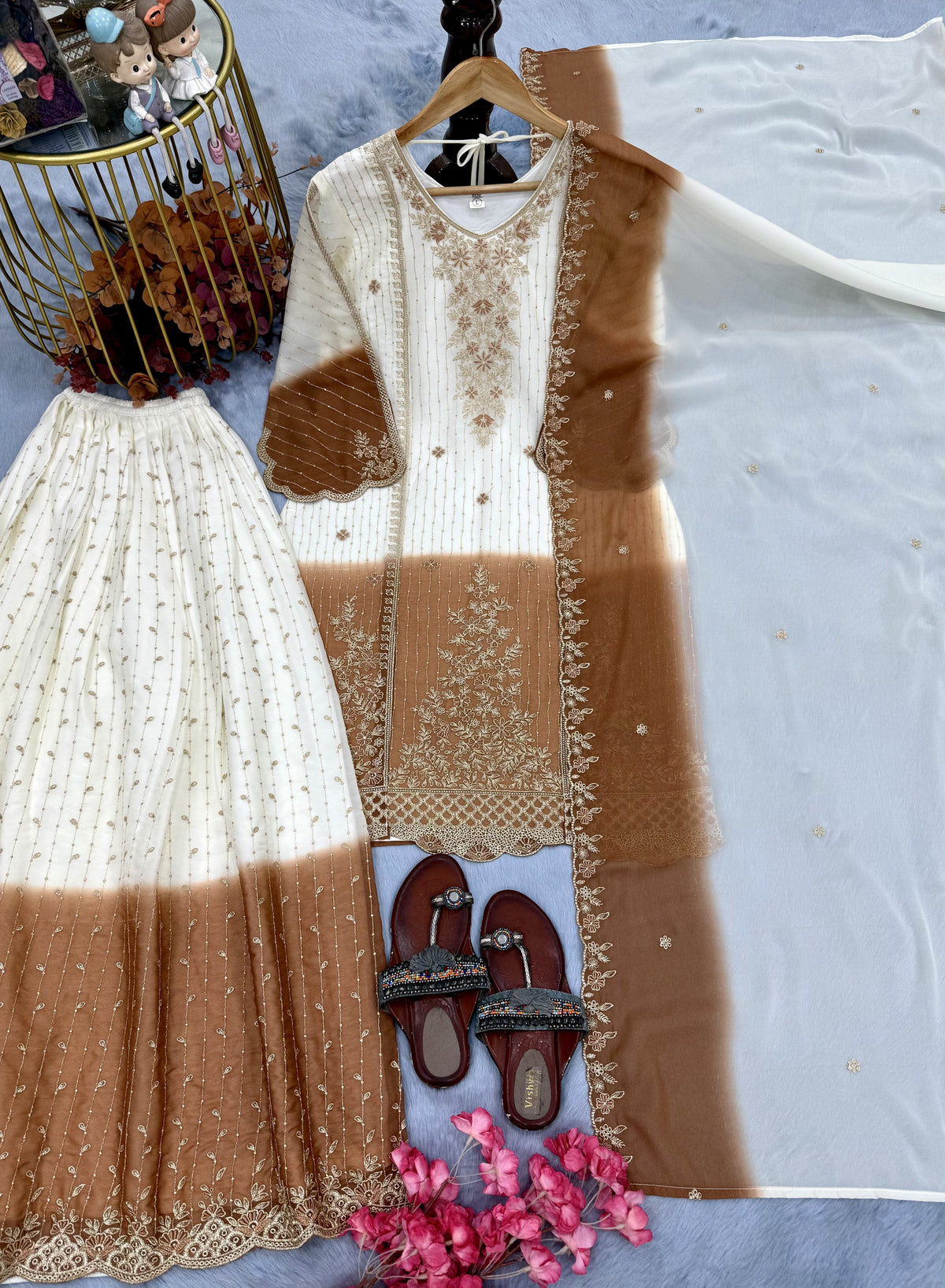 Off-White and Brown Thread Work Georgette Palazzo Set, view 5