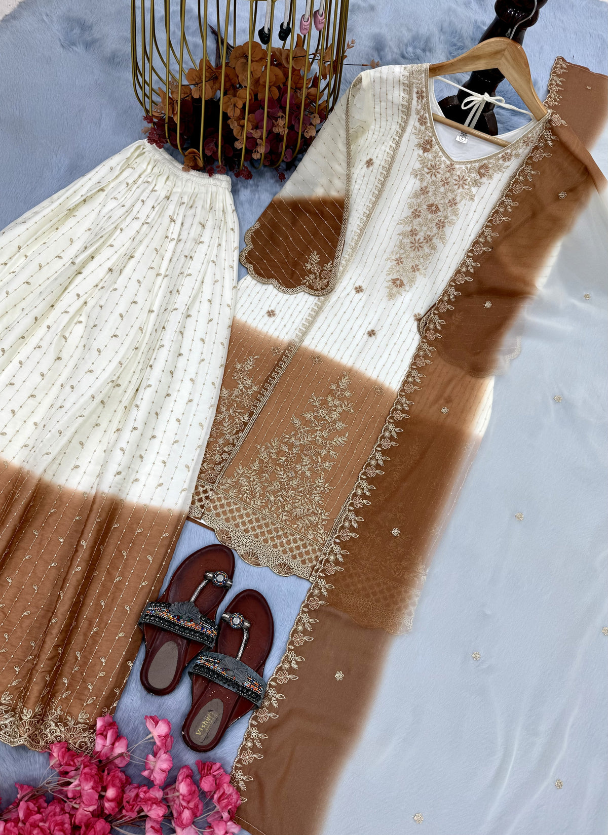 Off-White and Brown Thread Work Georgette Palazzo Set, view 6