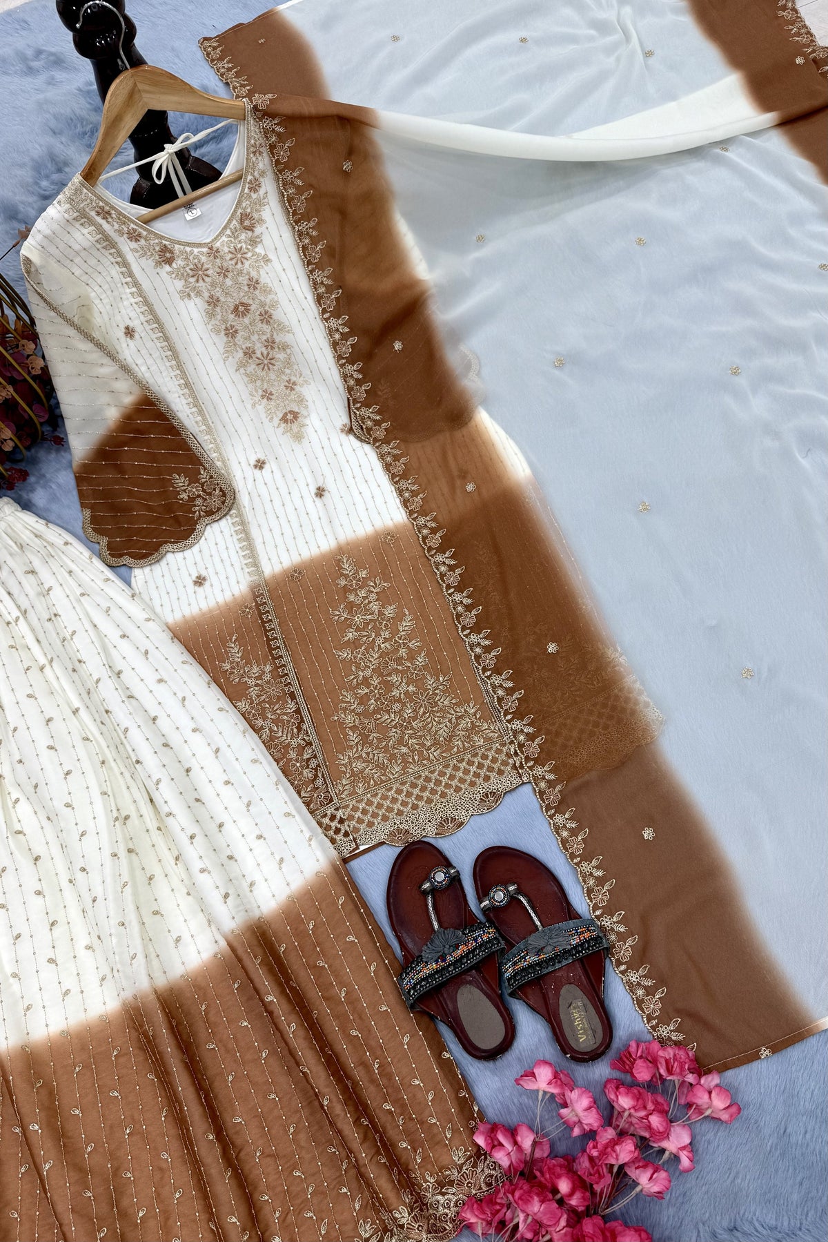Off-White and Brown Thread Work Georgette Palazzo Set, view 7