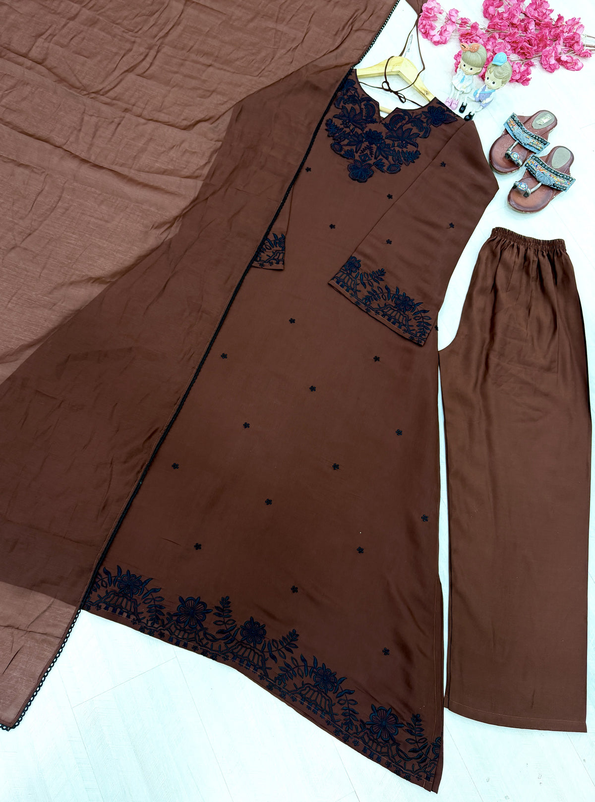 Chocolate Brown Chanderi Kaftan Dress Set, view 4