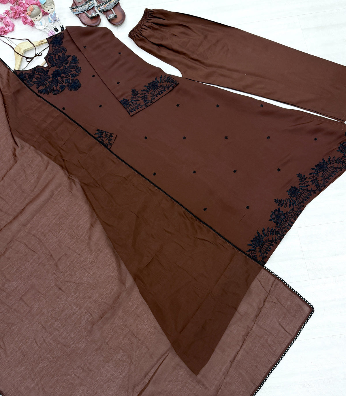 Chocolate Brown Chanderi Kaftan Dress Set, view 5