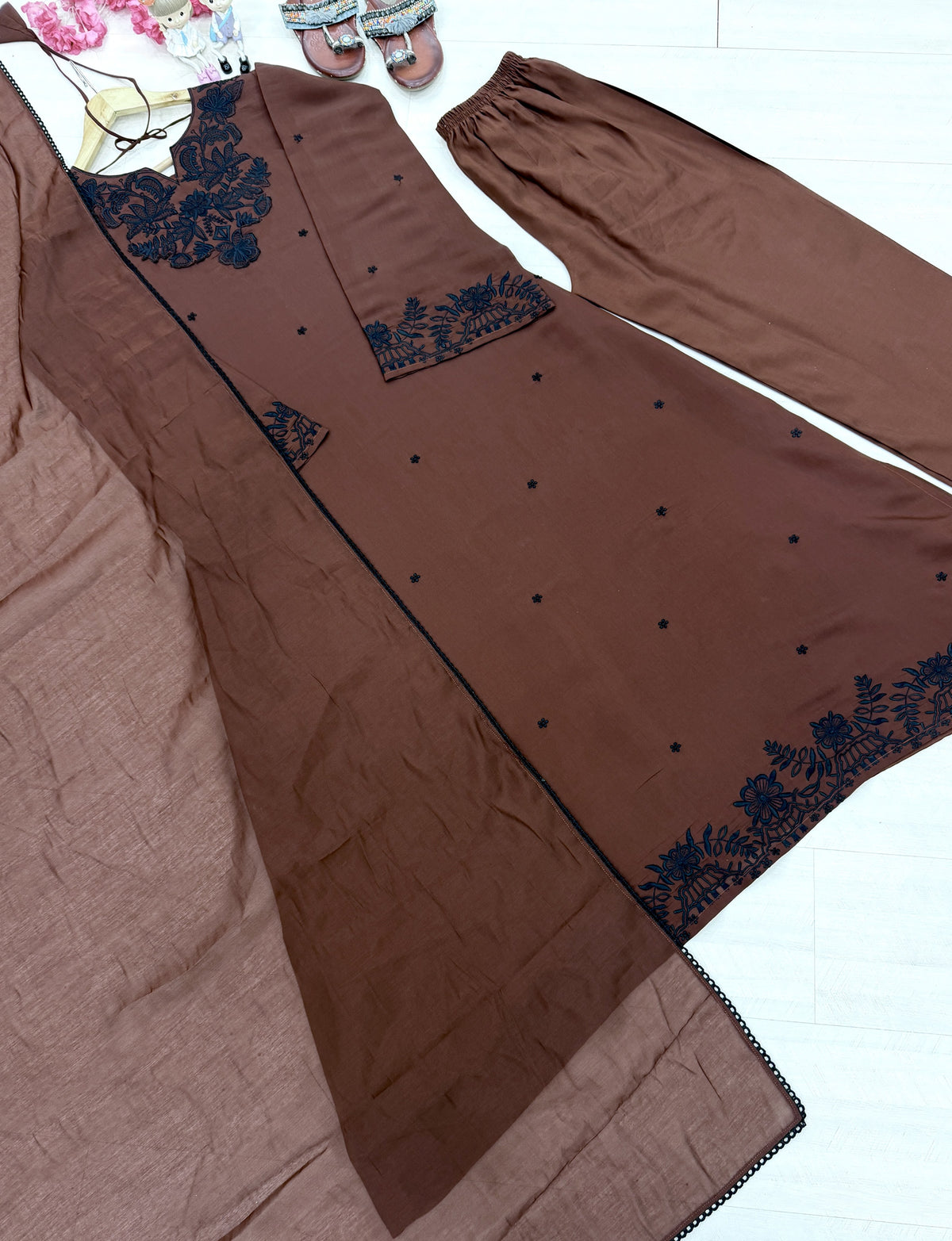 Chocolate Brown Chanderi Kaftan Dress Set, view 6