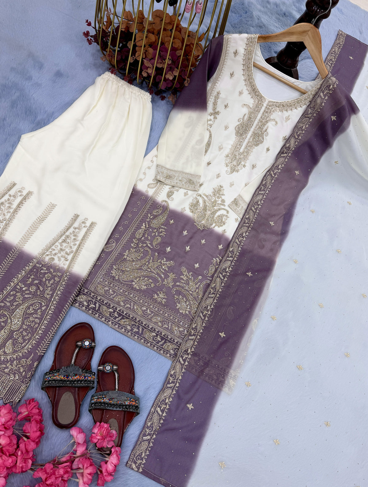 Off-White and Mauve Stone Work Georgette Palazzo Set, view 5