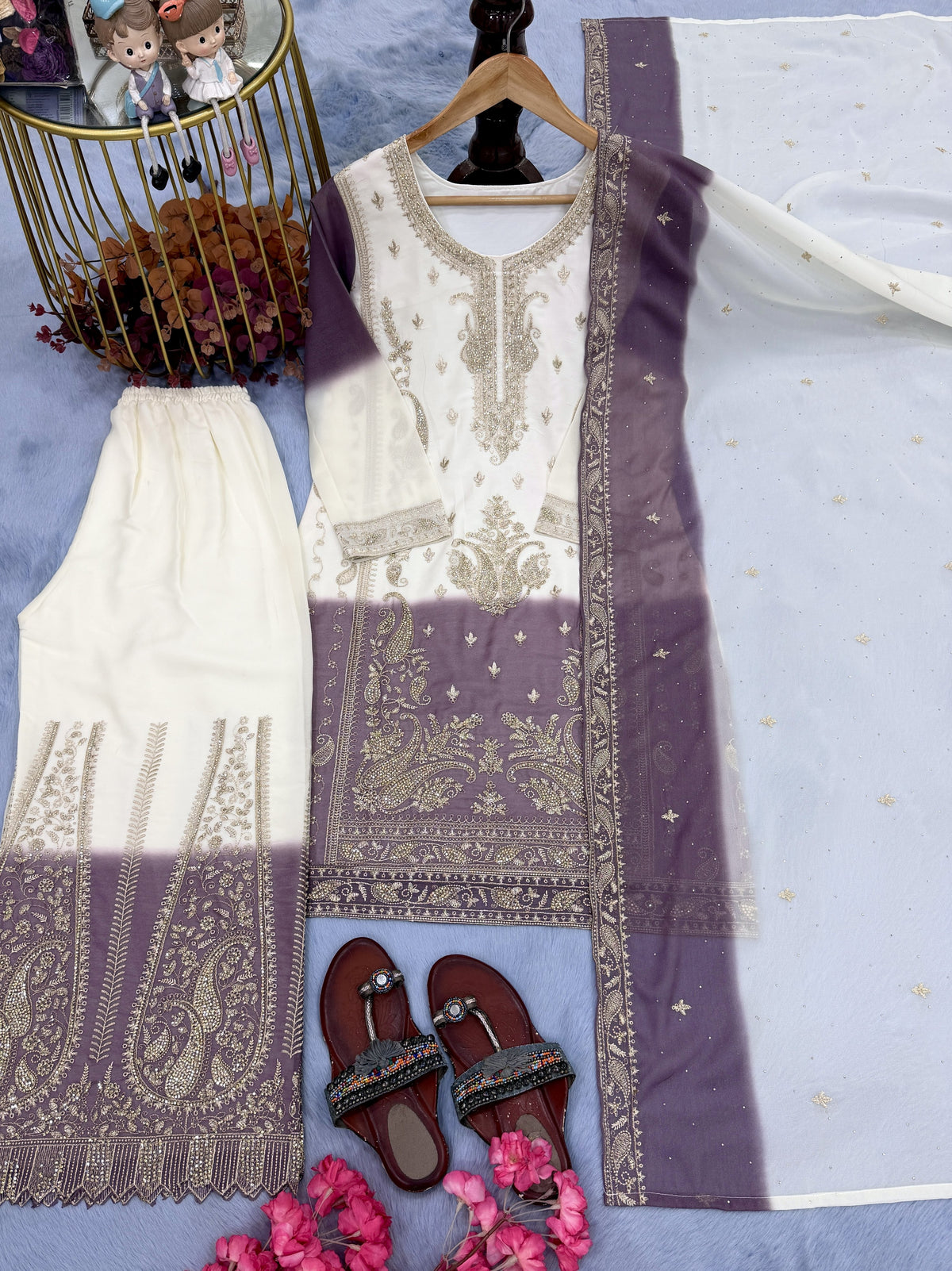 Off-White and Mauve Stone Work Georgette Palazzo Set, view 6
