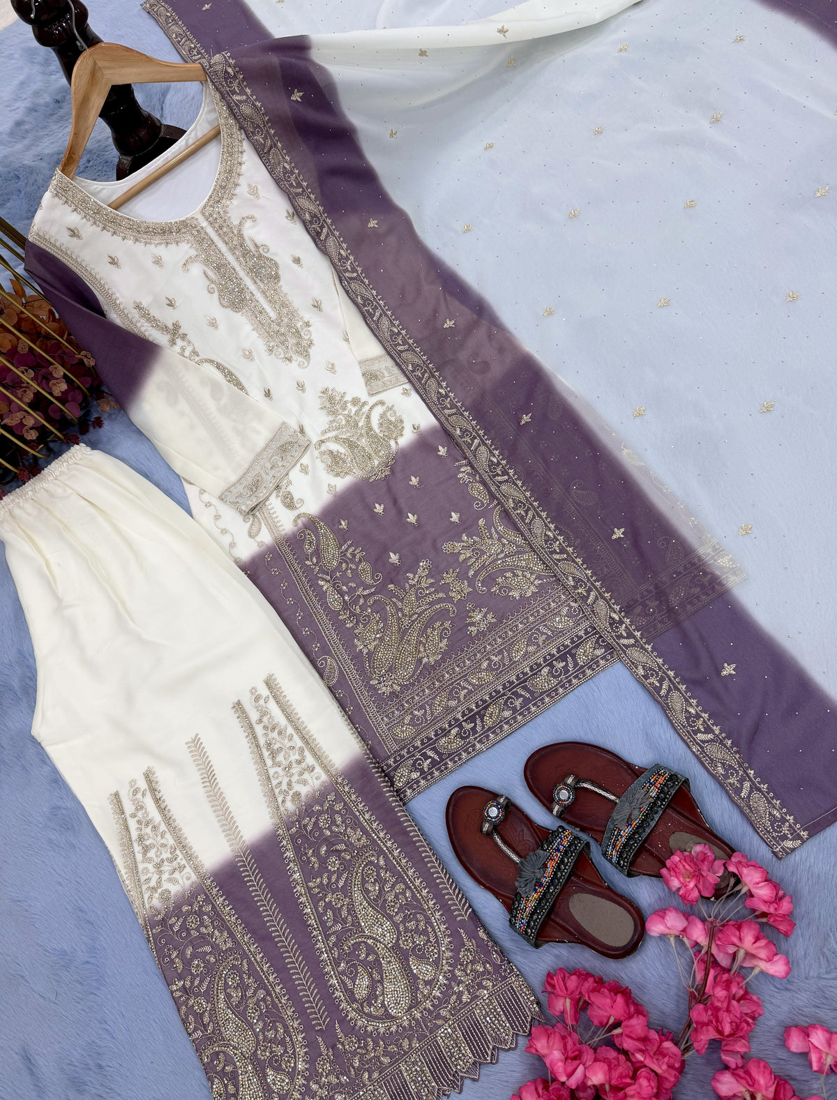Off-White and Mauve Stone Work Georgette Palazzo Set, view 7