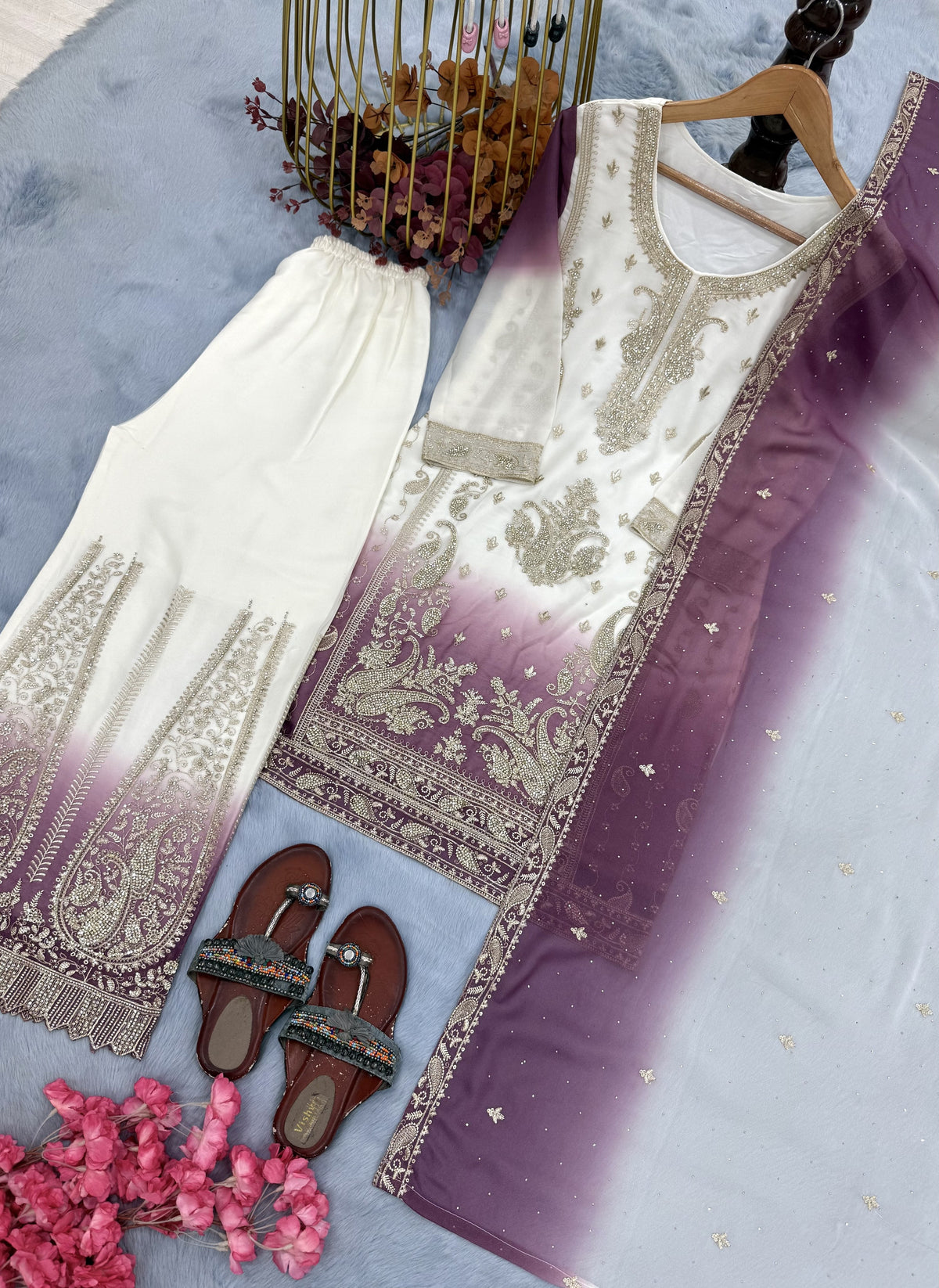 Off-White and Wine Stone Work Georgette Palazzo Set, view 4