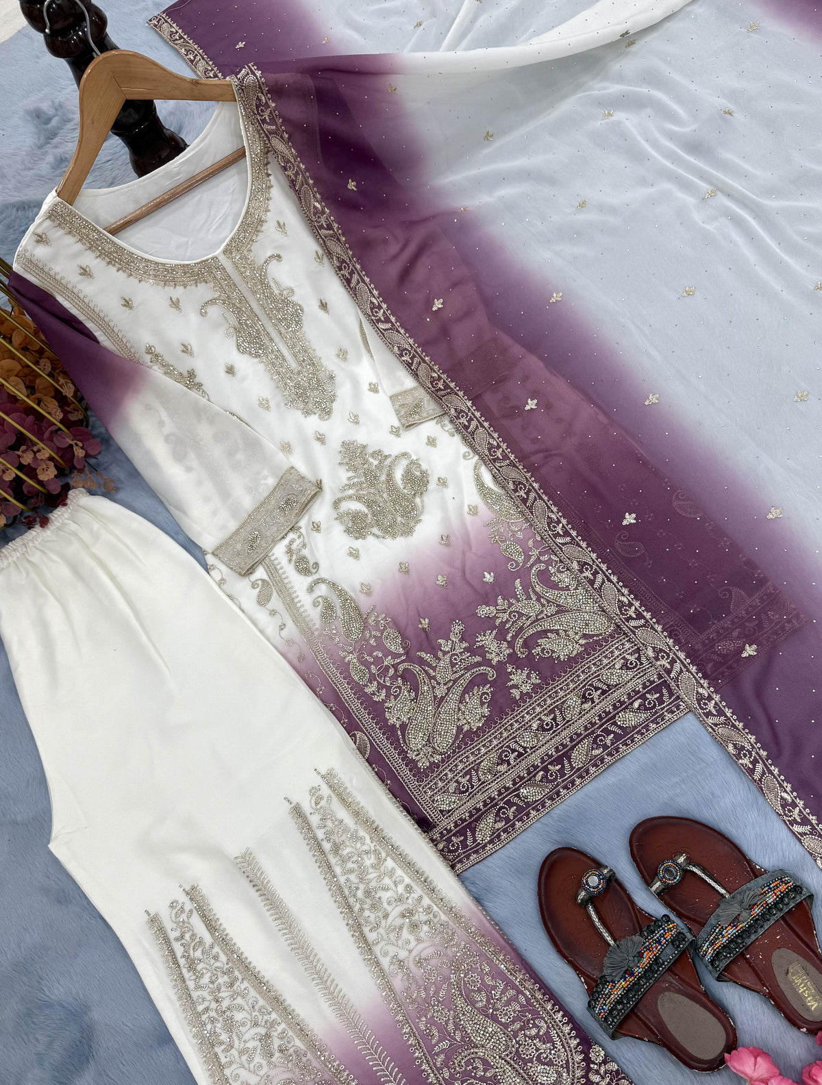 Off-White and Wine Stone Work Georgette Palazzo Set, view 6