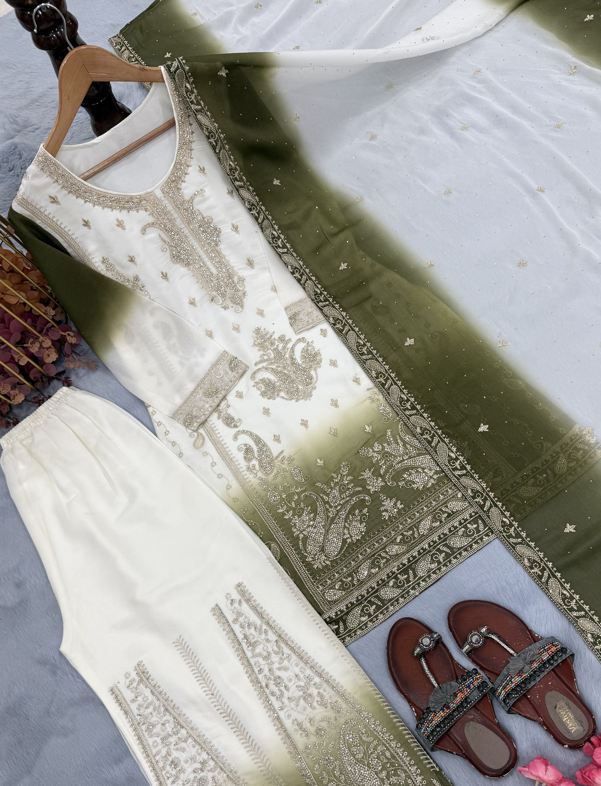 Off-White and Olive Stone Work Georgette Palazzo Set, view 4