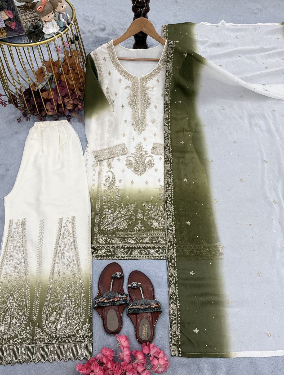 Off-White and Olive Stone Work Georgette Palazzo Set, view 5