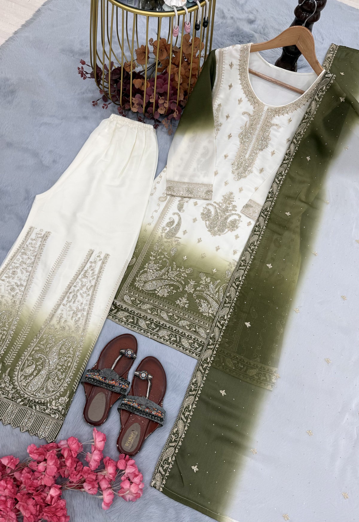 Off-White and Olive Stone Work Georgette Palazzo Set, view 6