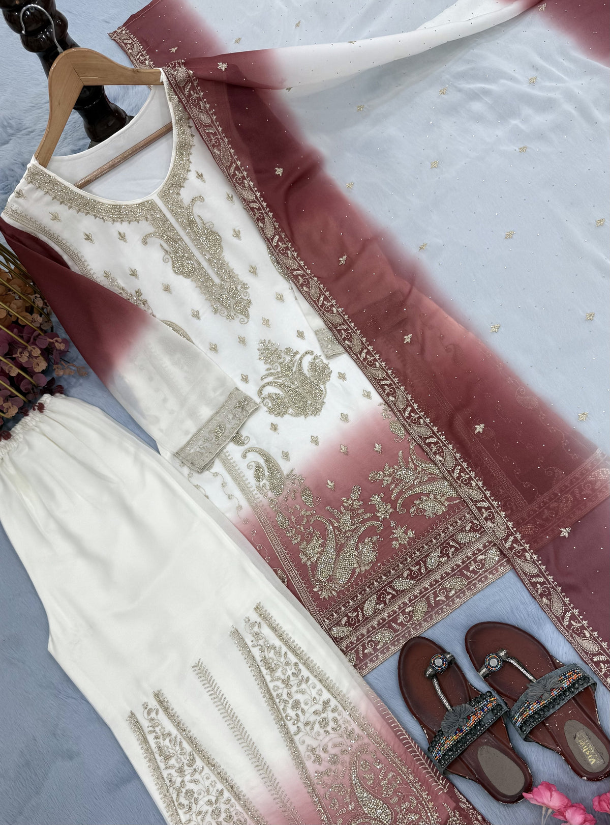 Off-White and Rose Stone Work Georgette Palazzo Set, view 4