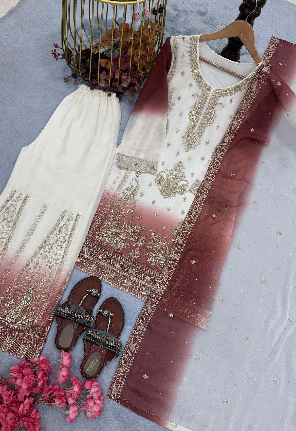 Off-White and Rose Stone Work Georgette Palazzo Set, view 5