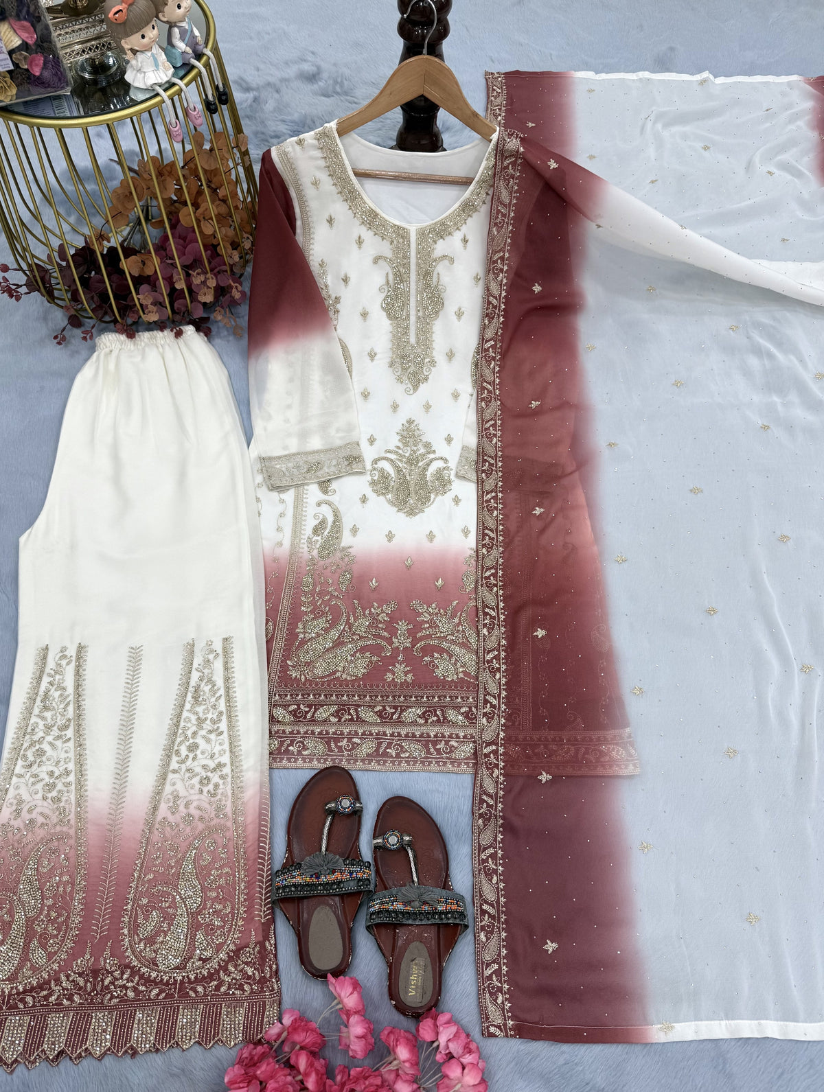 Off-White and Rose Stone Work Georgette Palazzo Set, view 6