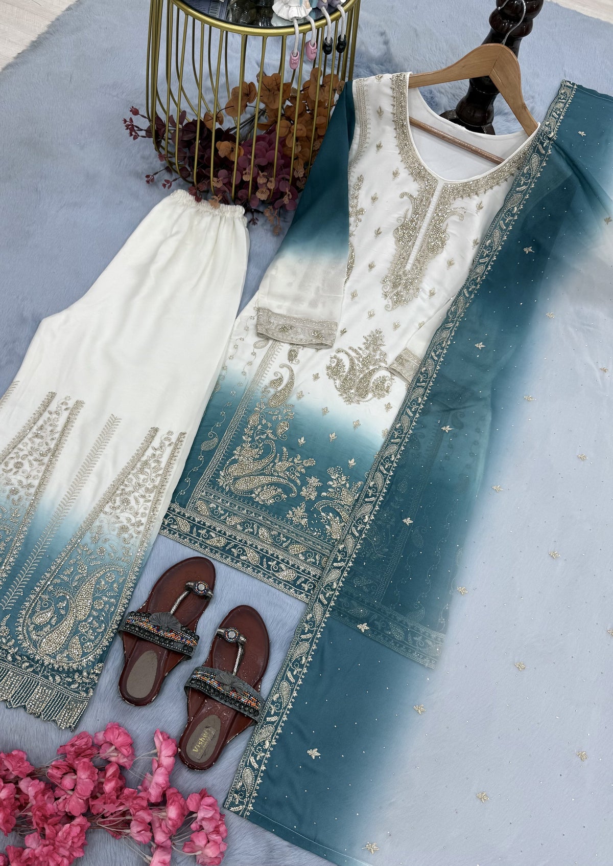 Off-White and Teal Stone Work Georgette Palazzo Set, view 4