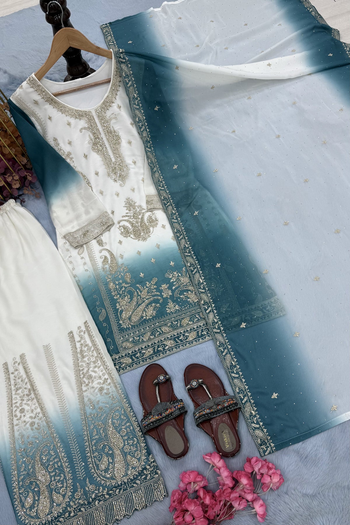 Off-White and Teal Stone Work Georgette Palazzo Set, view 5
