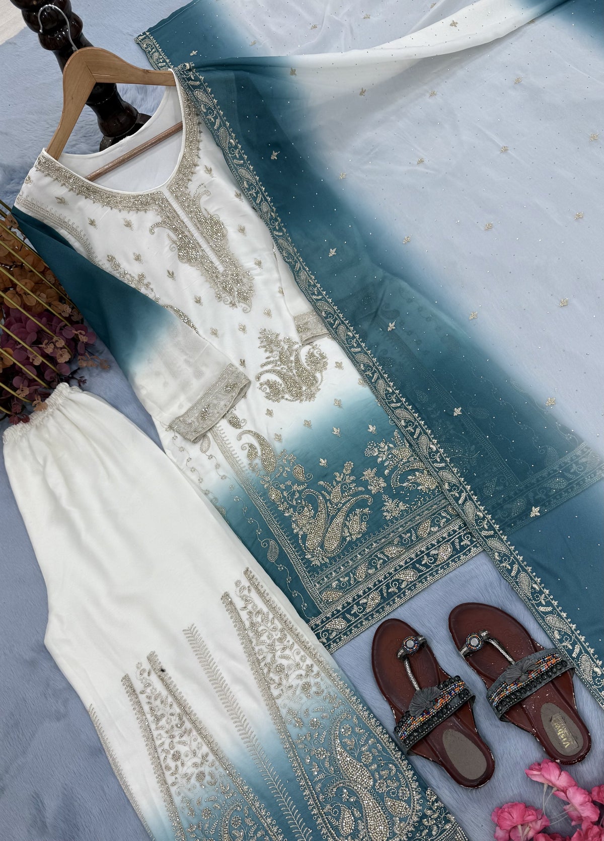 Off-White and Teal Stone Work Georgette Palazzo Set, view 6