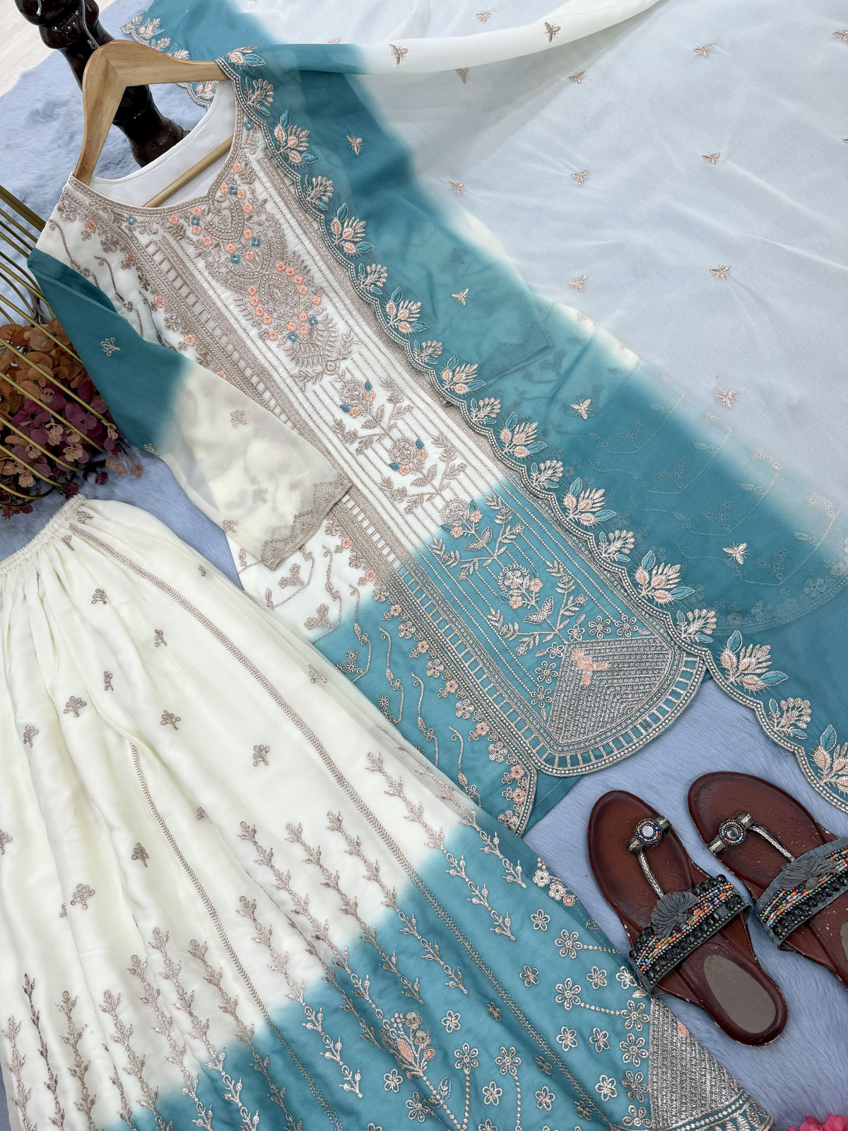 Off-White and Sea Blue Embroidered Georgette Tiered Palazzo Set, view 5