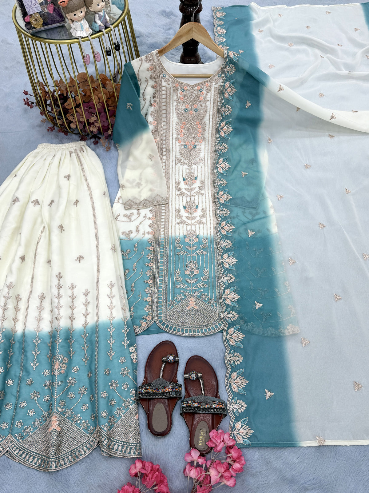 Off-White and Sea Blue Embroidered Georgette Tiered Palazzo Set, view 7