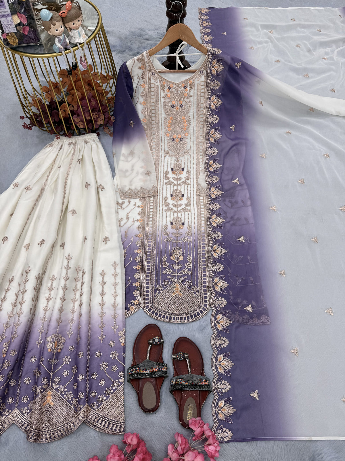 Off-White and Lavender Embroidered Georgette Tiered Palazzo Set, view 4