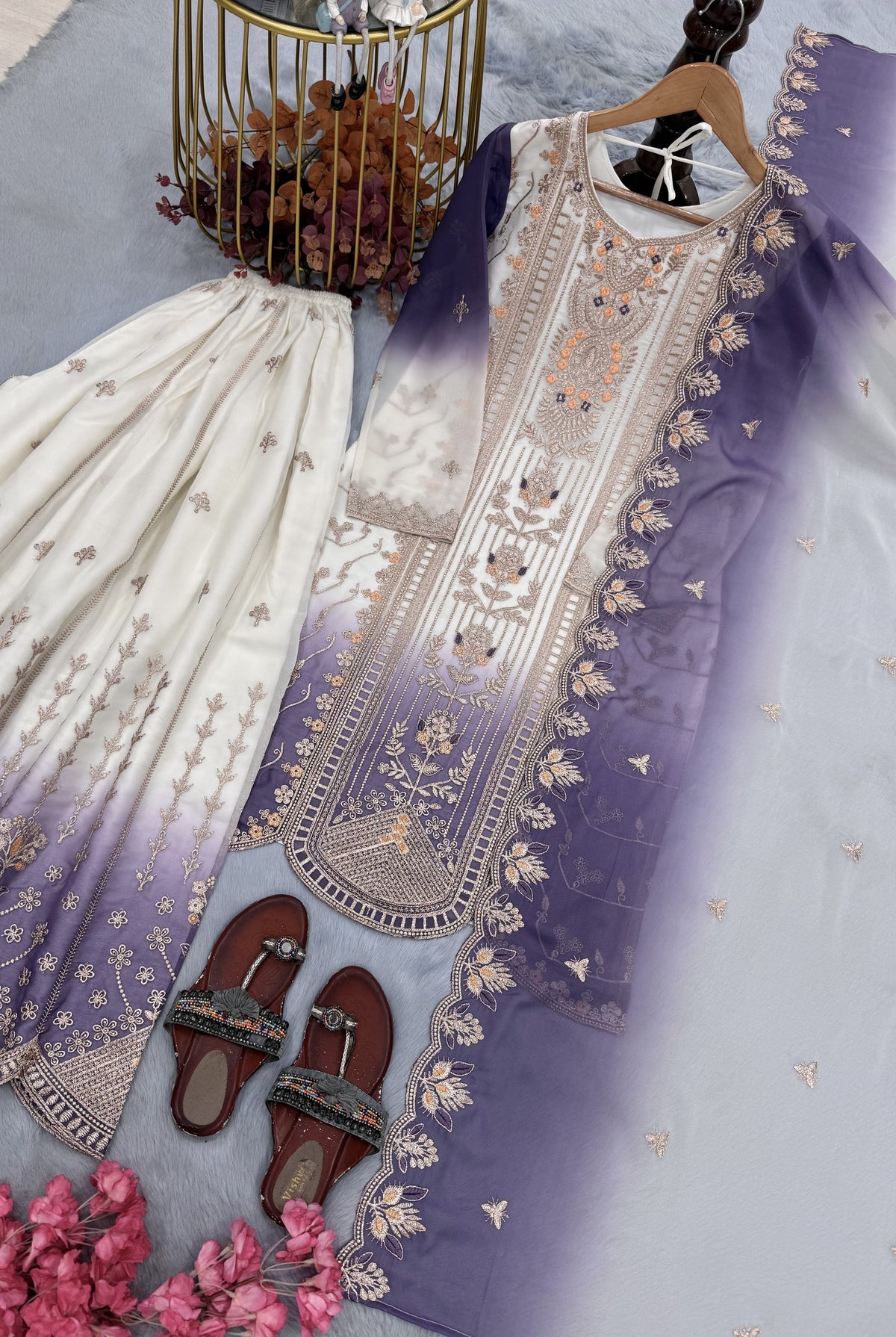 Off-White and Lavender Embroidered Georgette Tiered Palazzo Set, view 5