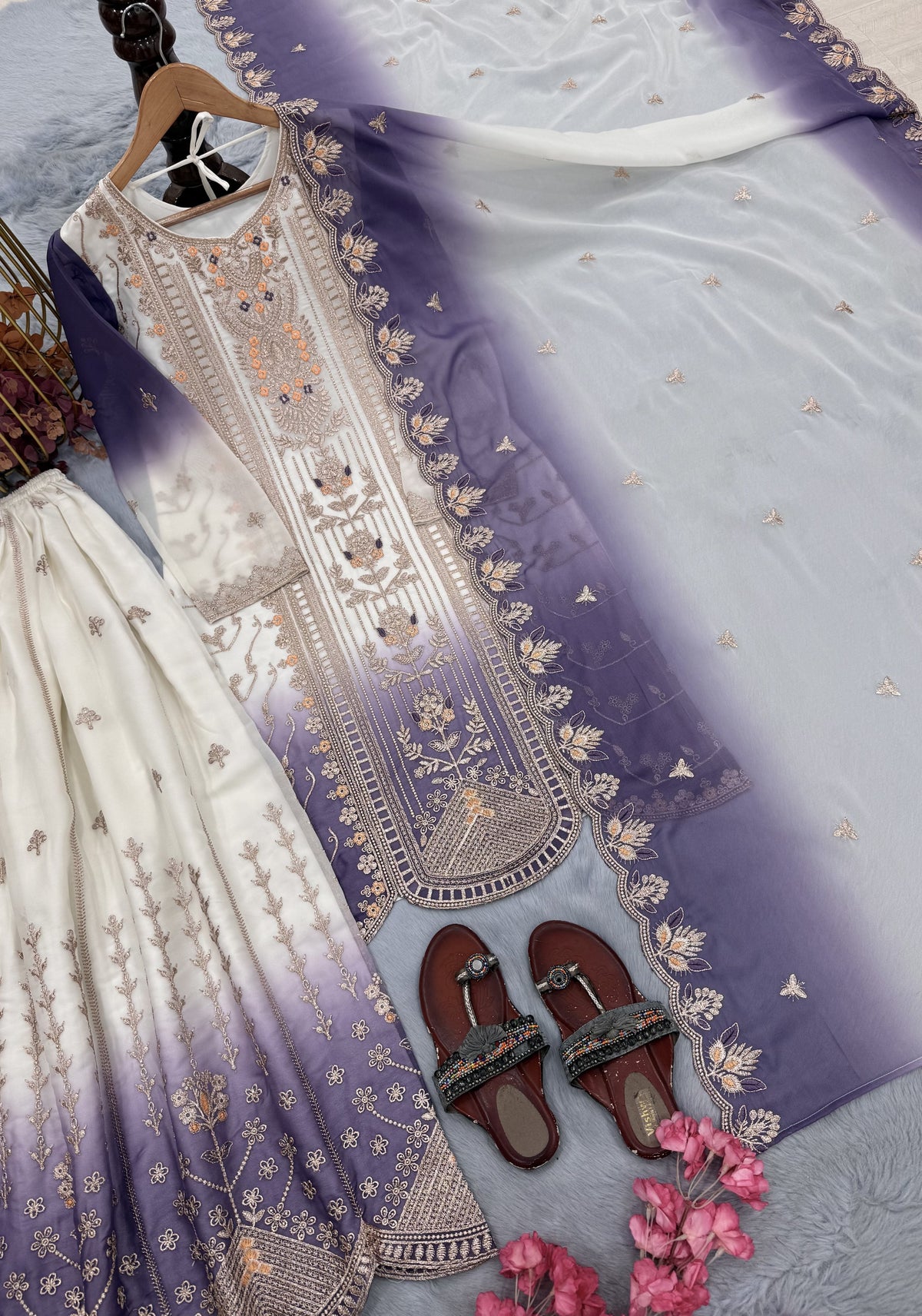 Off-White and Lavender Embroidered Georgette Tiered Palazzo Set, view 6
