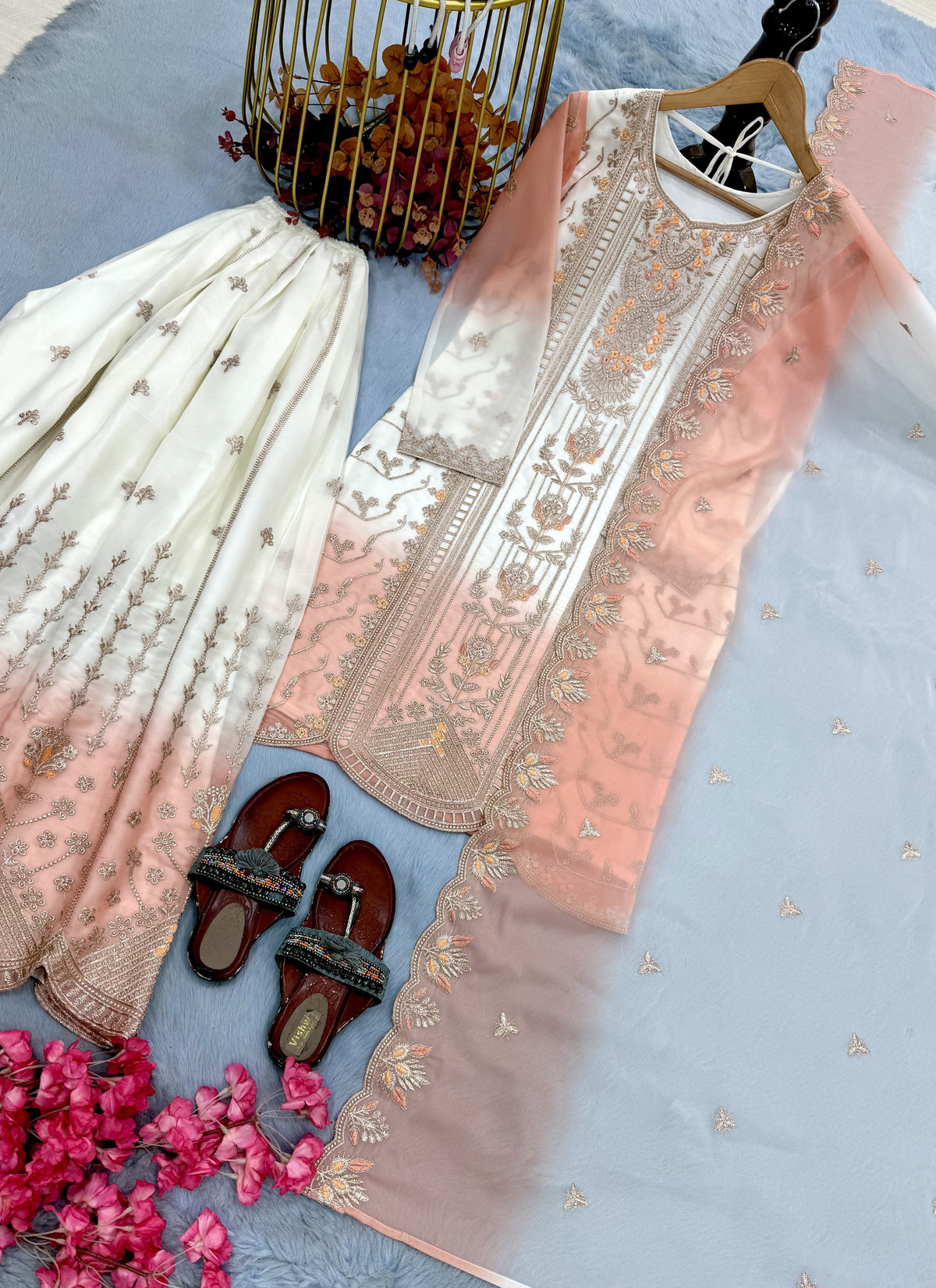 Off-White and Peach Embroidered Georgette Tiered Palazzo Set, view 4