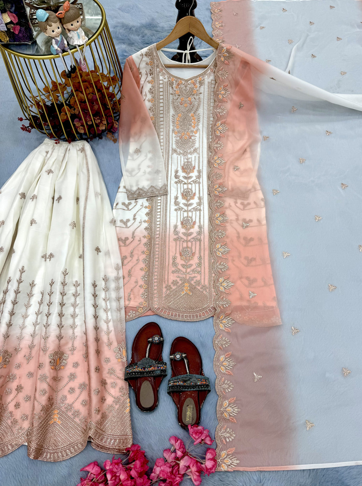 Off-White and Peach Embroidered Georgette Tiered Palazzo Set, view 5