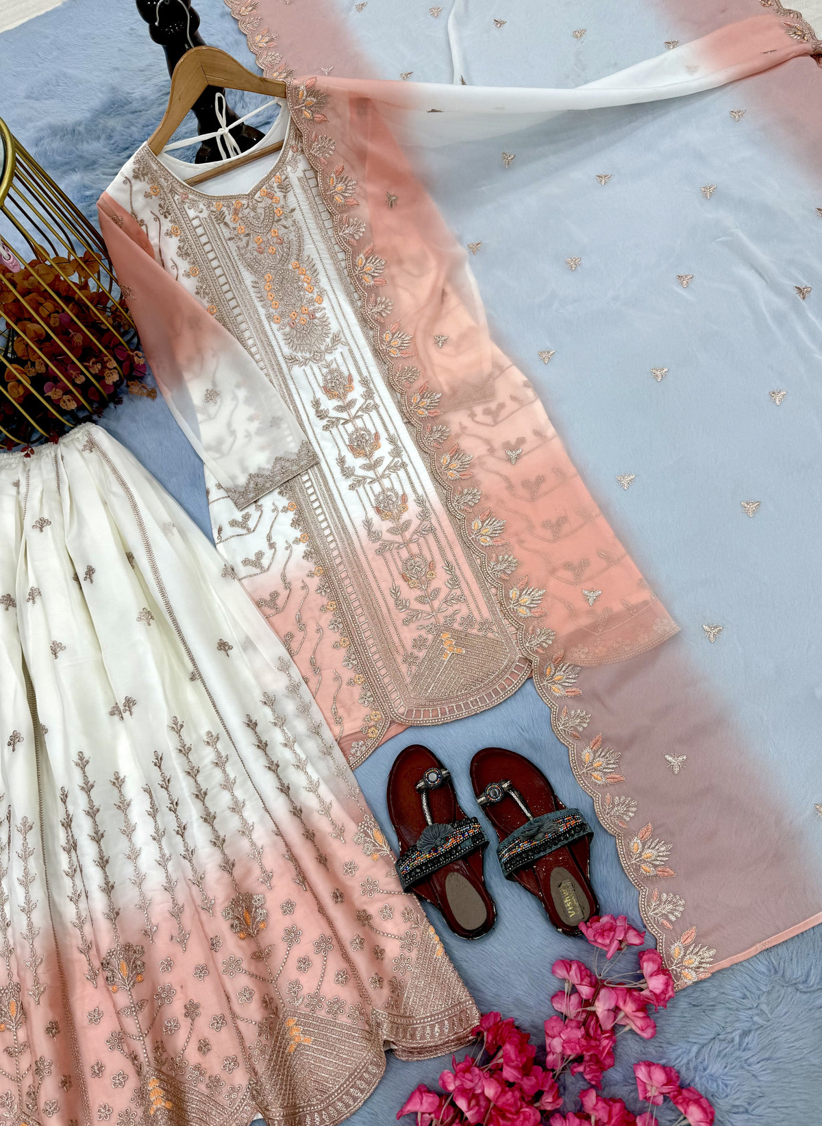 Off-White and Peach Embroidered Georgette Tiered Palazzo Set, view 6