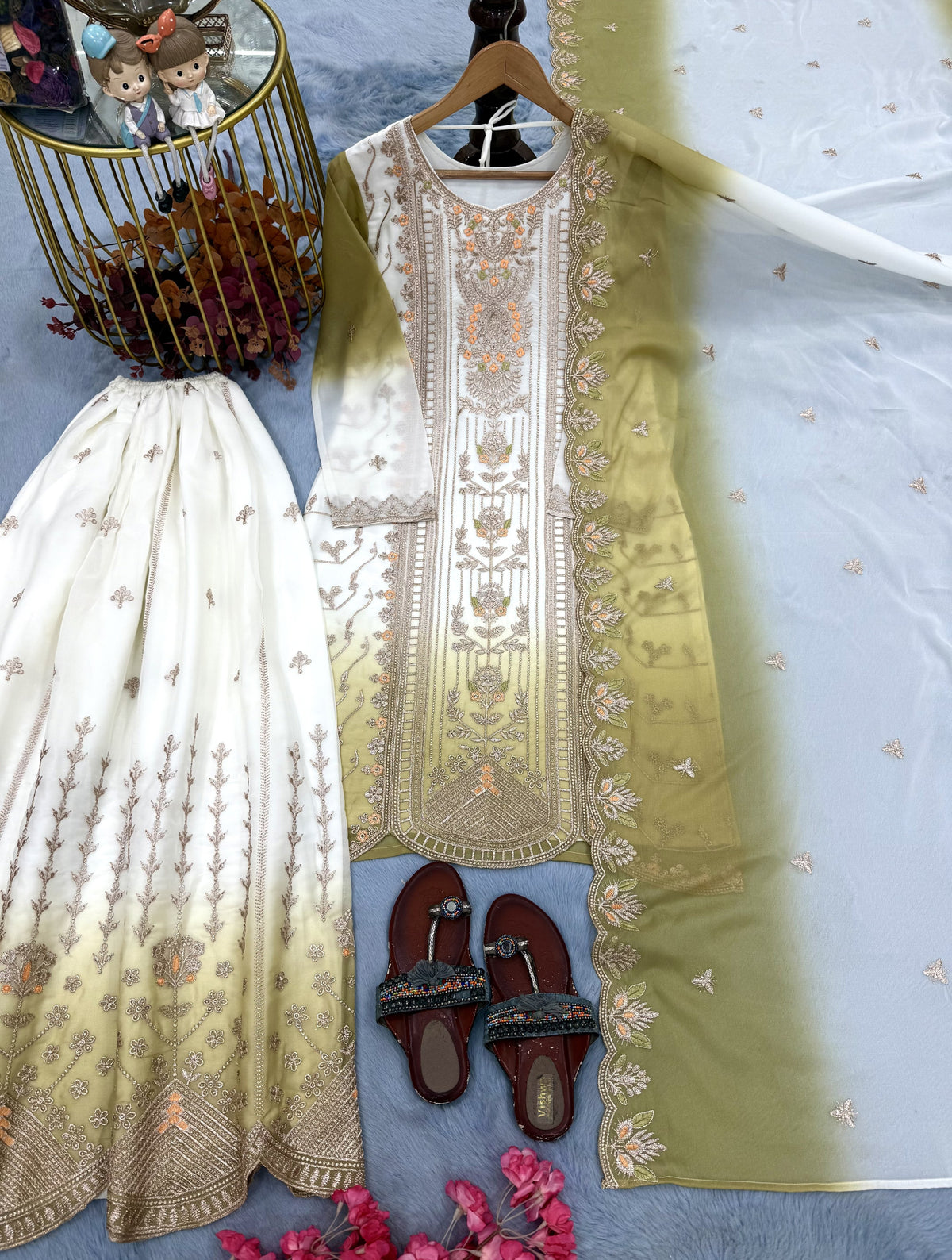 Off-White and Lime Green Embroidered Georgette Tiered Palazzo Set, view 4